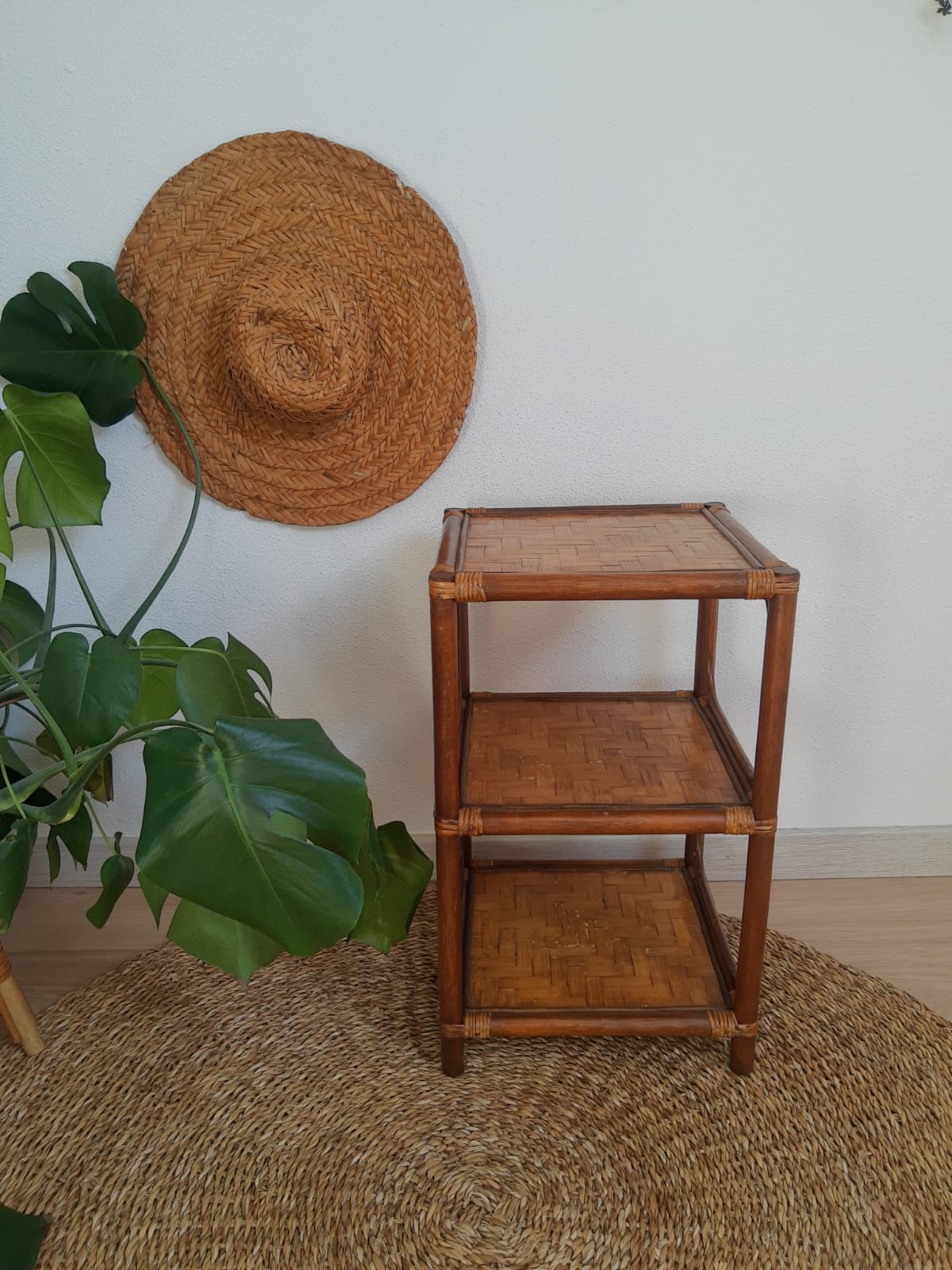 3-tier rattan and bamboo shelf from the 70s vintage