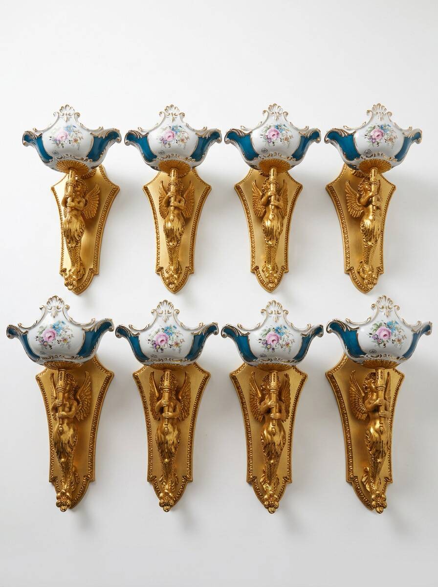 Set esclusivo: 8 applique "f.b.a.i. & tiche" – ottone dorato e porcellana b