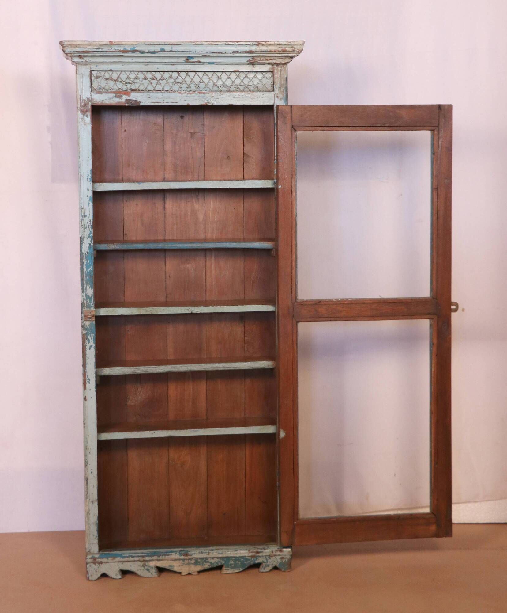 Old art deco wall showcase in burmese teak original blue-gray patina