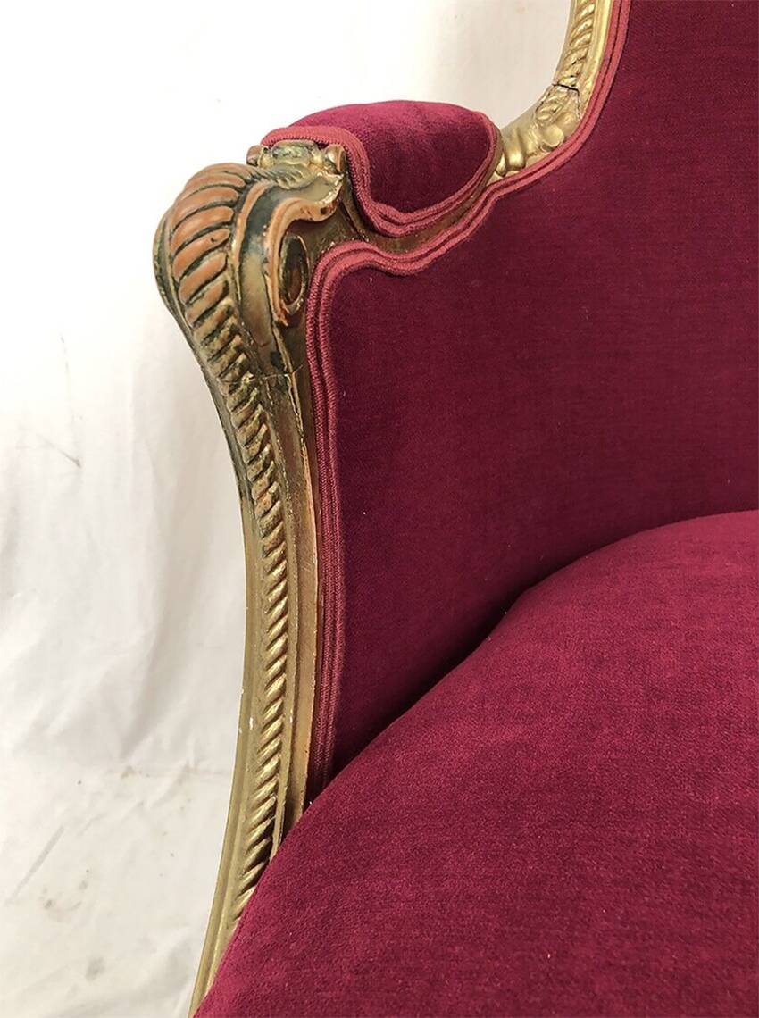 Bergère in gilded wood trimmed with fuchsia silk and velvet, art deco inspired by Louis XVI