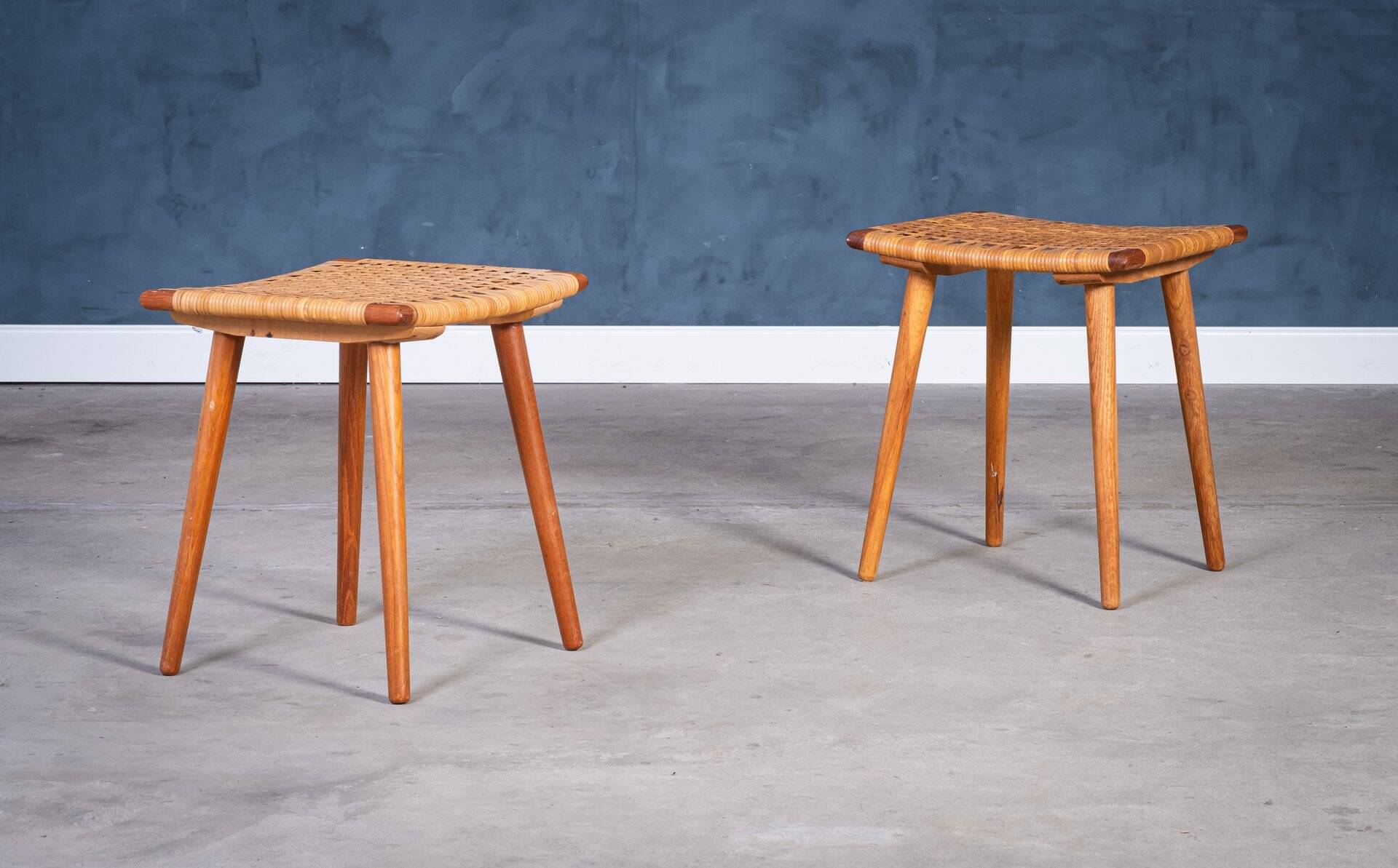 Teak Stools with Caning, 1960s, Set of 2