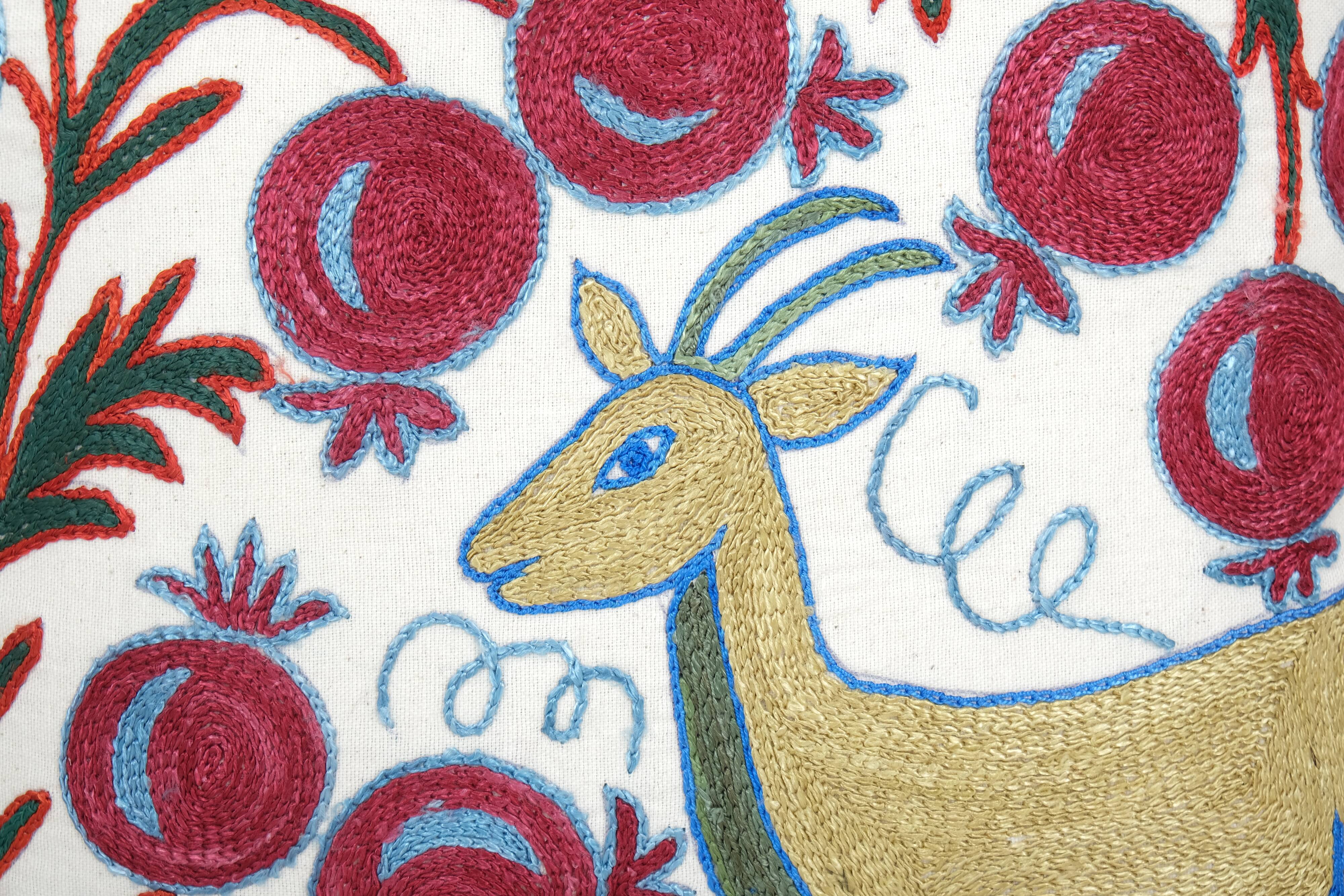 Uzbek Suzani Square Cushion Cover with Animal Motif, Tree of life Deer Pictorial Suzani Pillow Case