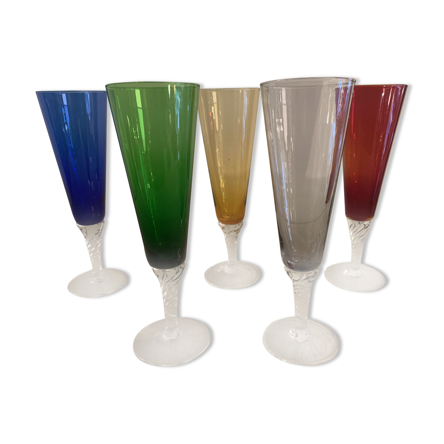 5 colorful champagne flutes in Murano 1970 glass