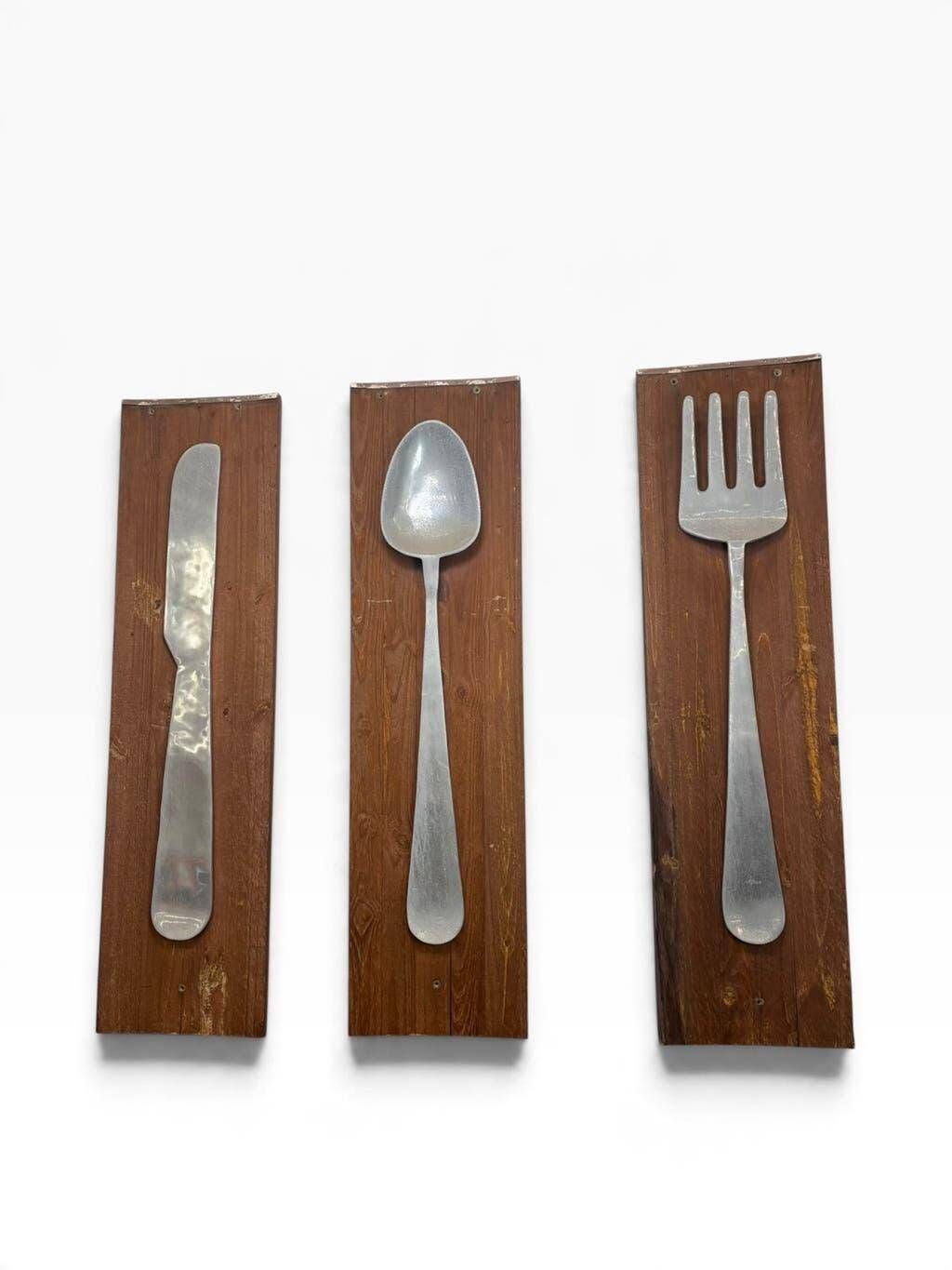 XL vintage wall decoration / cutlery (spoon, fork, knife) on wood
