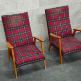 Pair of French beech armchairs from the 60s, tartan fabric