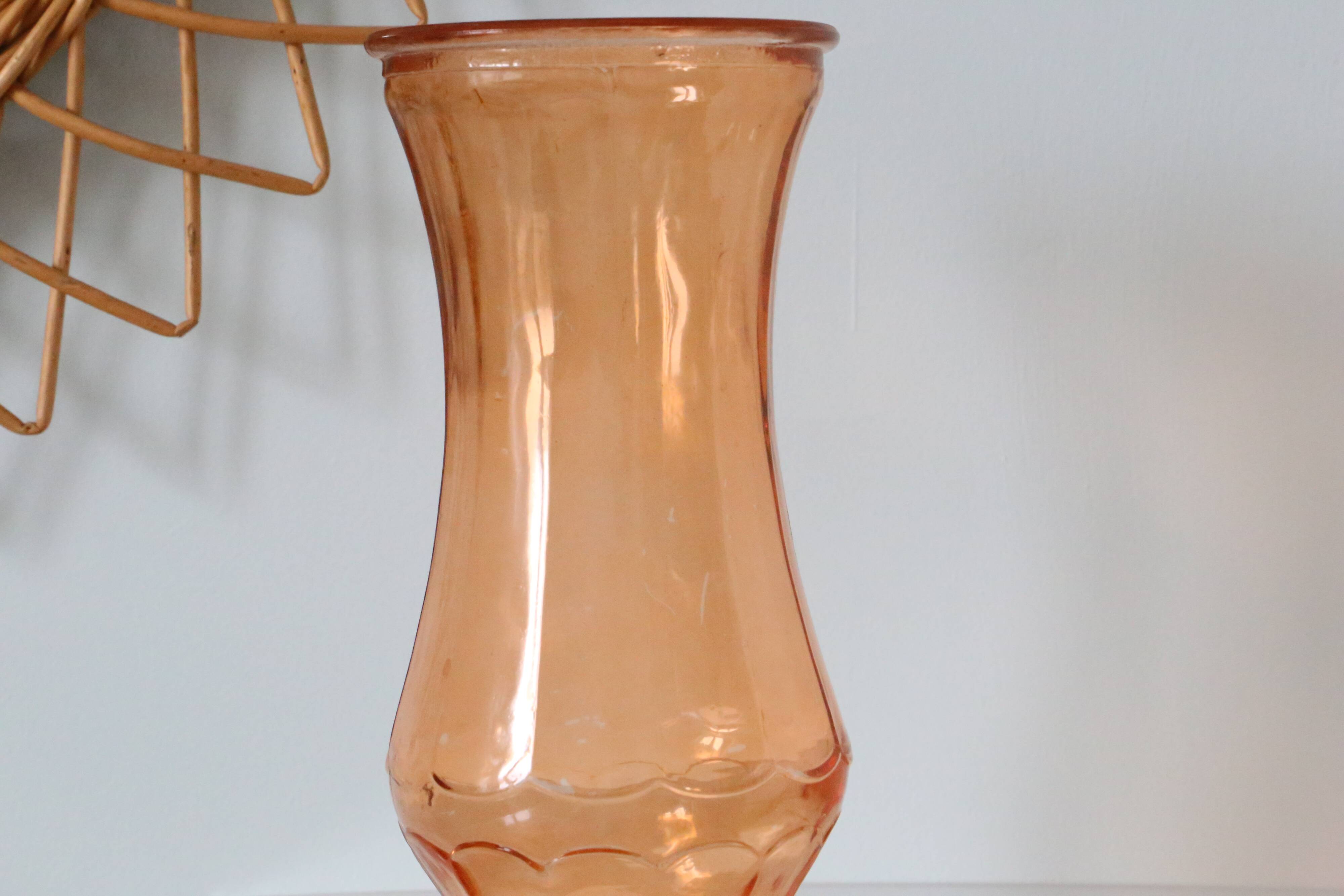 Large glass vase, apricot, French vintage, authentic