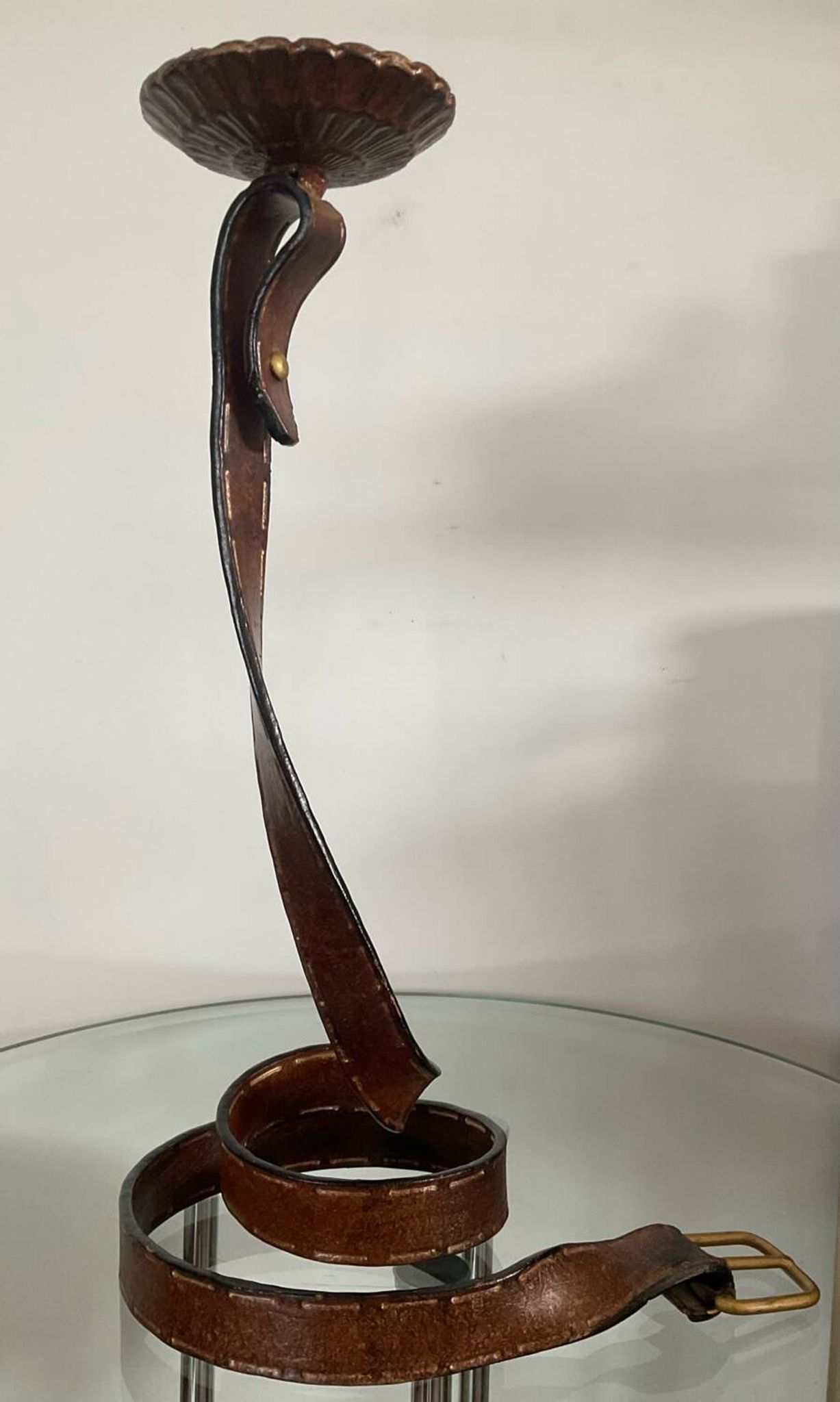 Vintage brutalist wrought iron snake candle holder