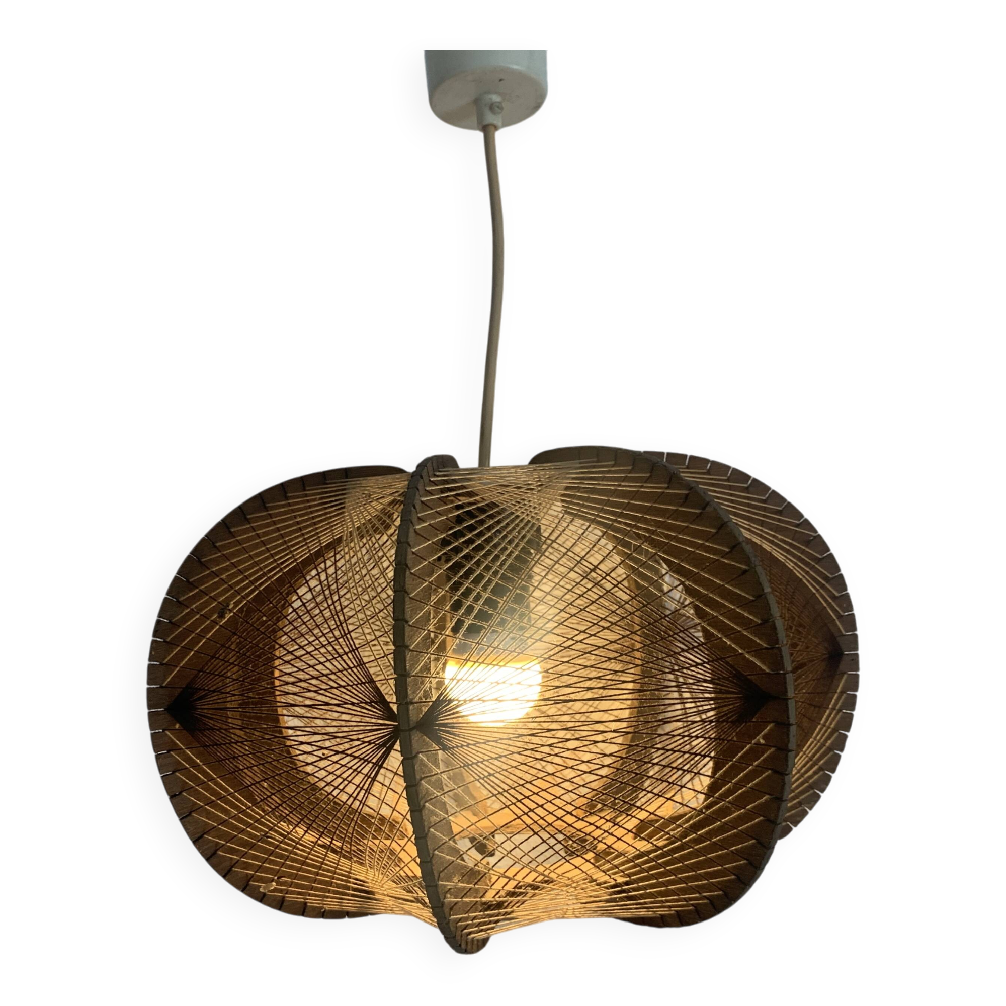 Suspension vintage 1960 scandinave lustre fil et bois - 30 x 21 cm
