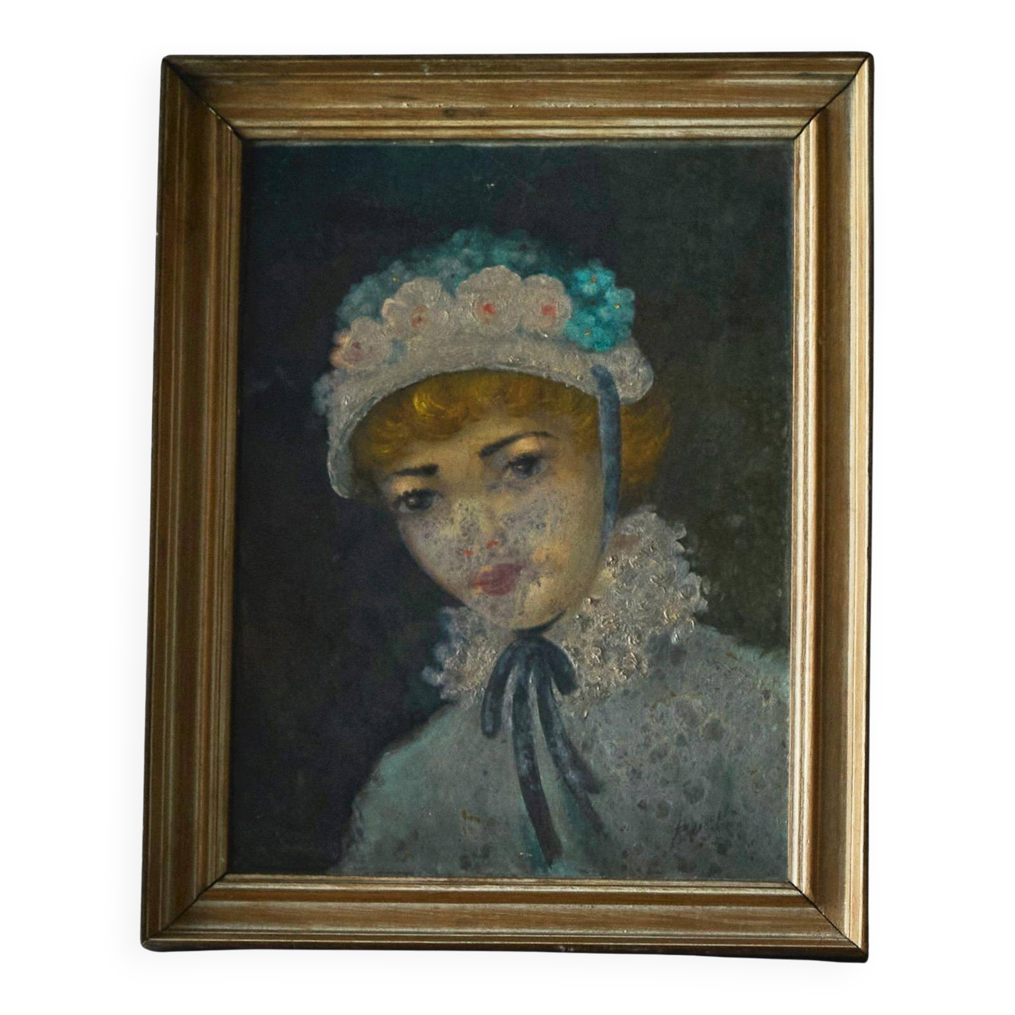 Oil portrait of a woman with a floral bonnet, Belgium, 1920s.