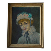 Oil portrait of a woman with a floral bonnet, Belgium, 1920s.
