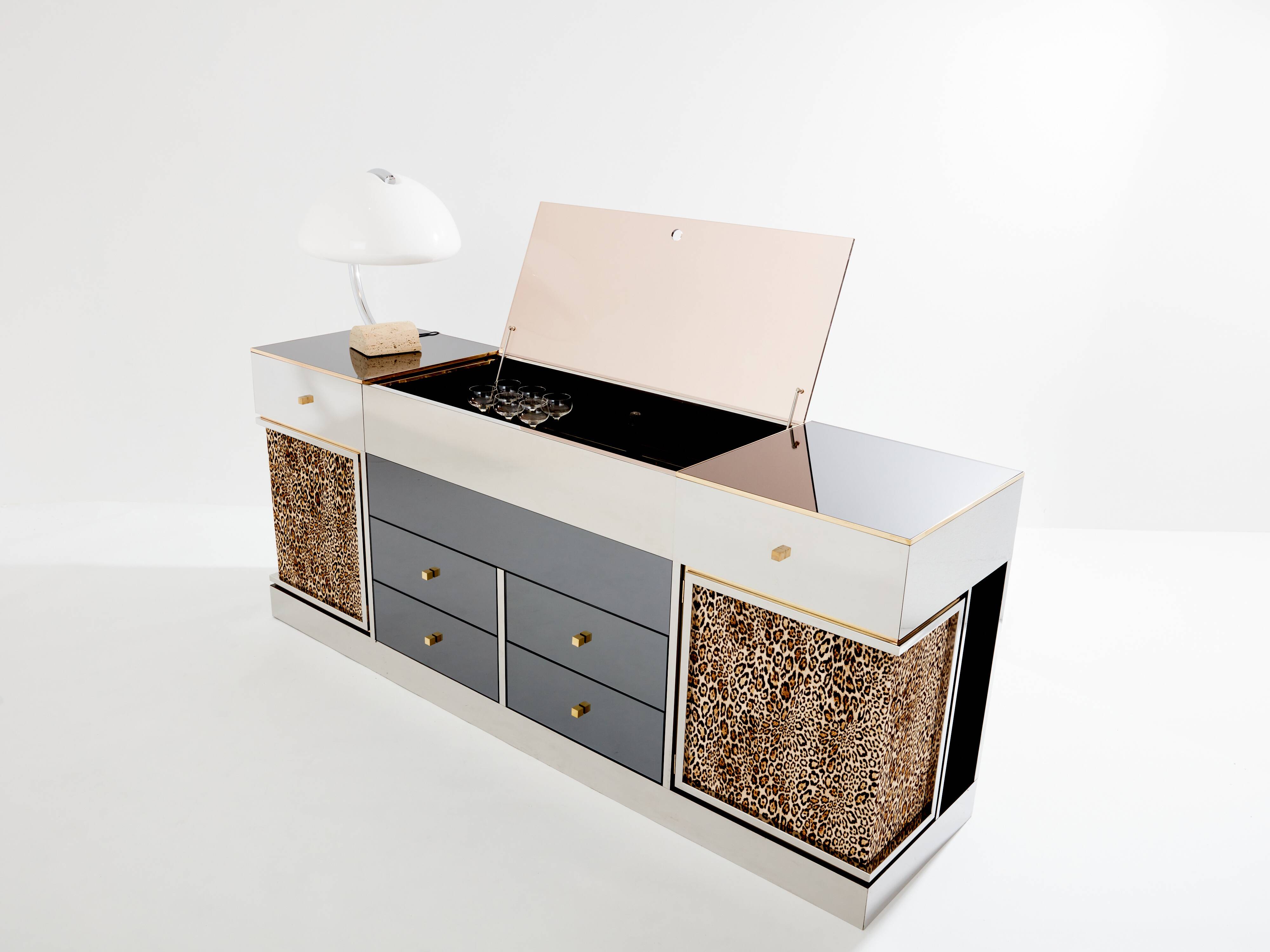 Leopard velvet mirror brass chrome sideboard Michel Pigneres 1969