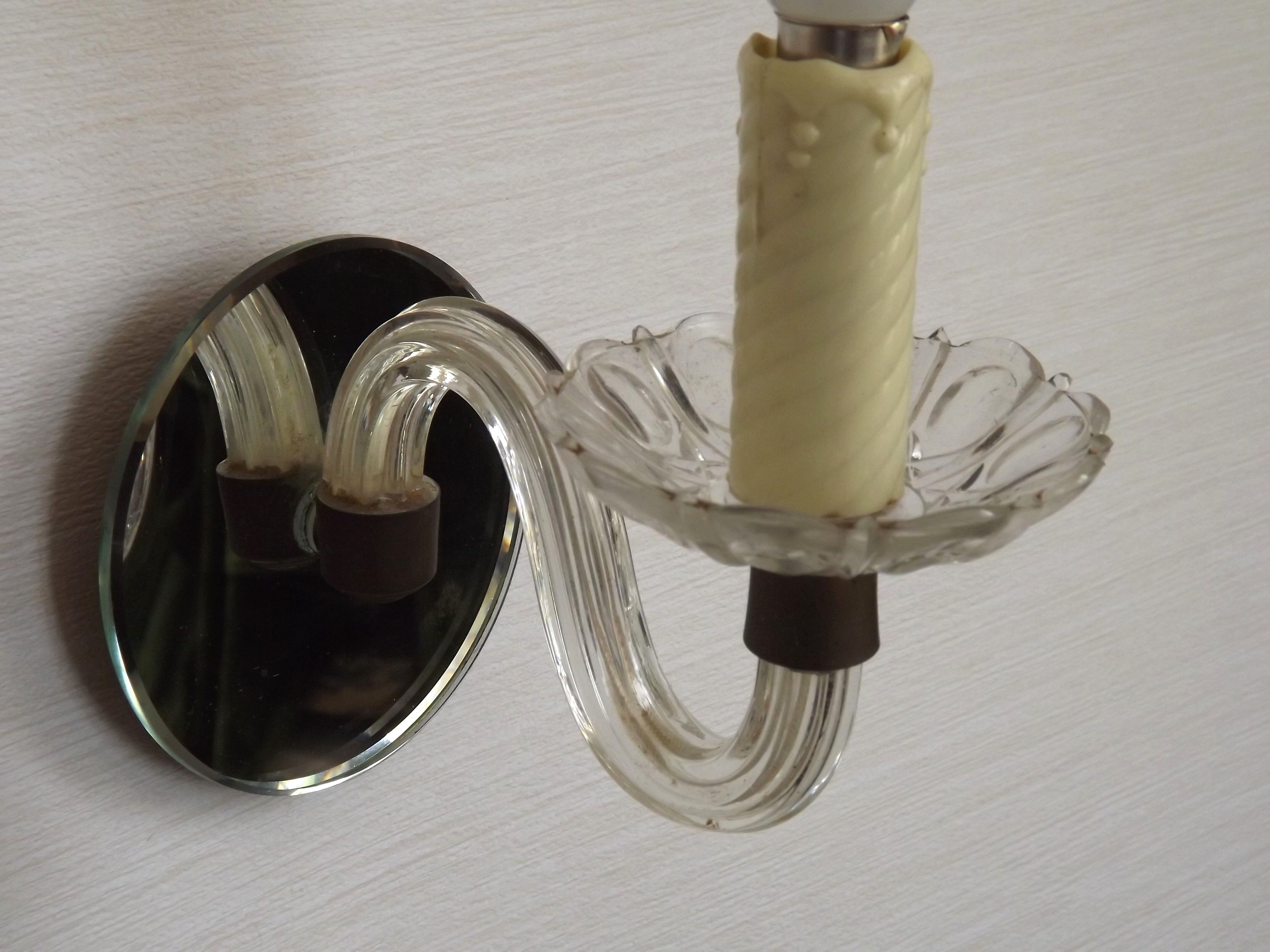 French Vintage Small Mirrored Backplate Wall Sconce Glass Arm & Bobeche