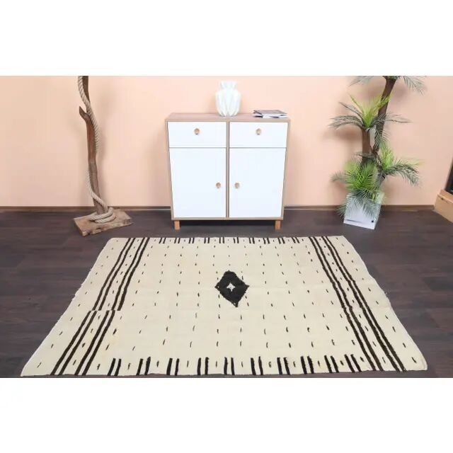 Tapis kilim en laine et coton beige turc vintage noué à la main 140x196