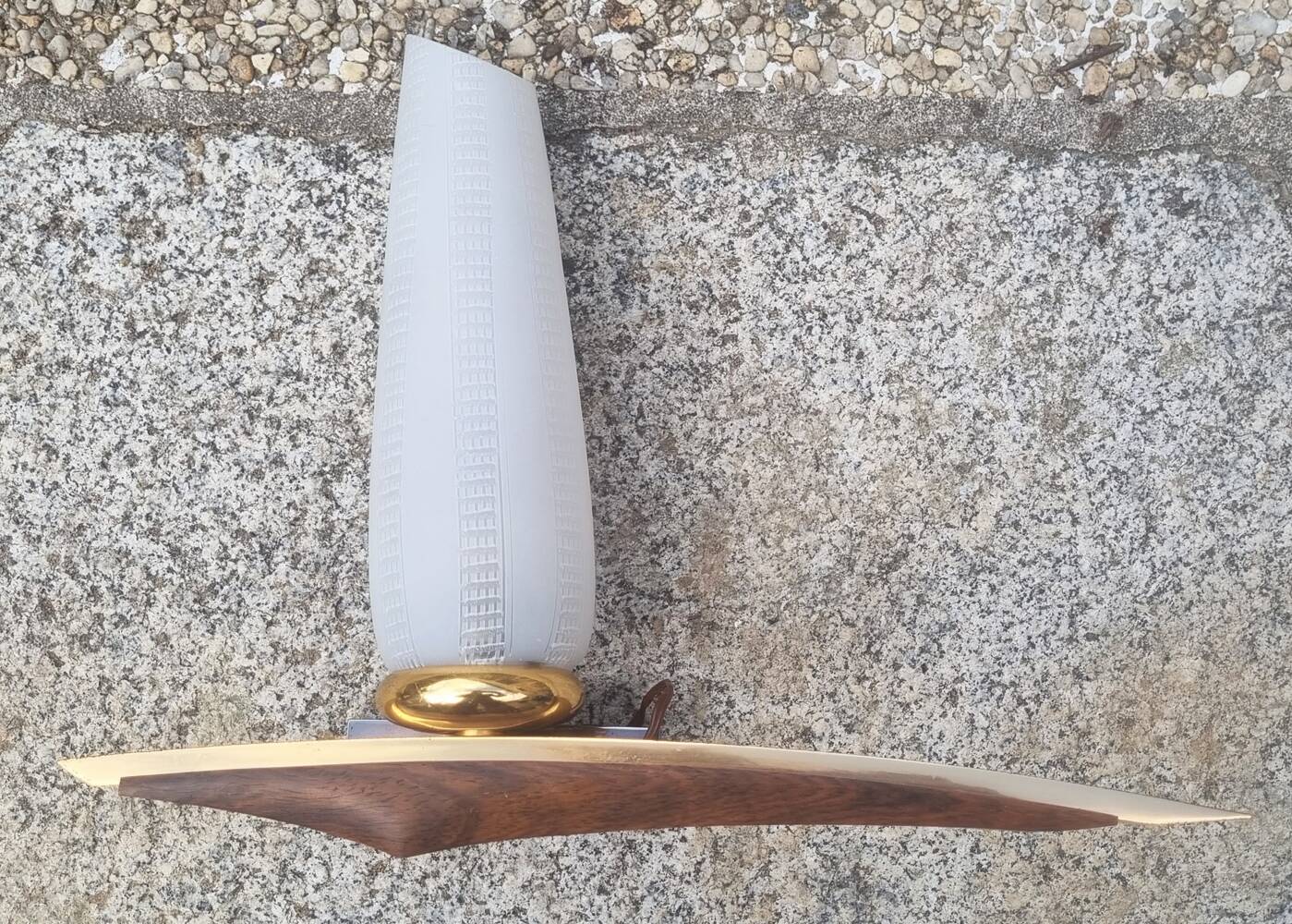 Pair of Scandinavian wall lights, teak, brass and opaline, vintage, 60s