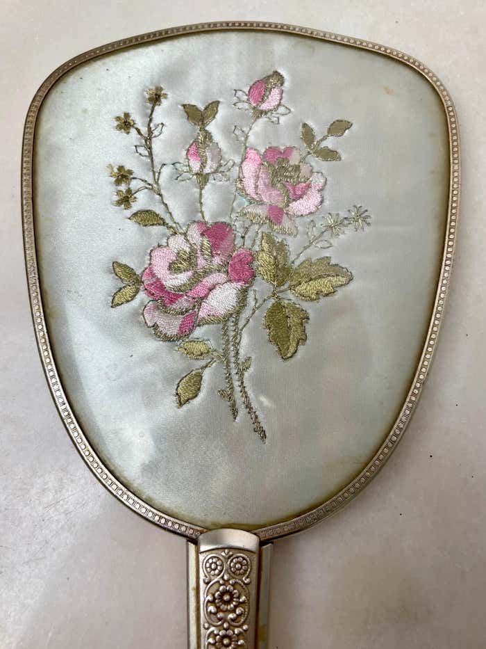 Toiletry set - metal and silk brush and hand mirror England from the 50s