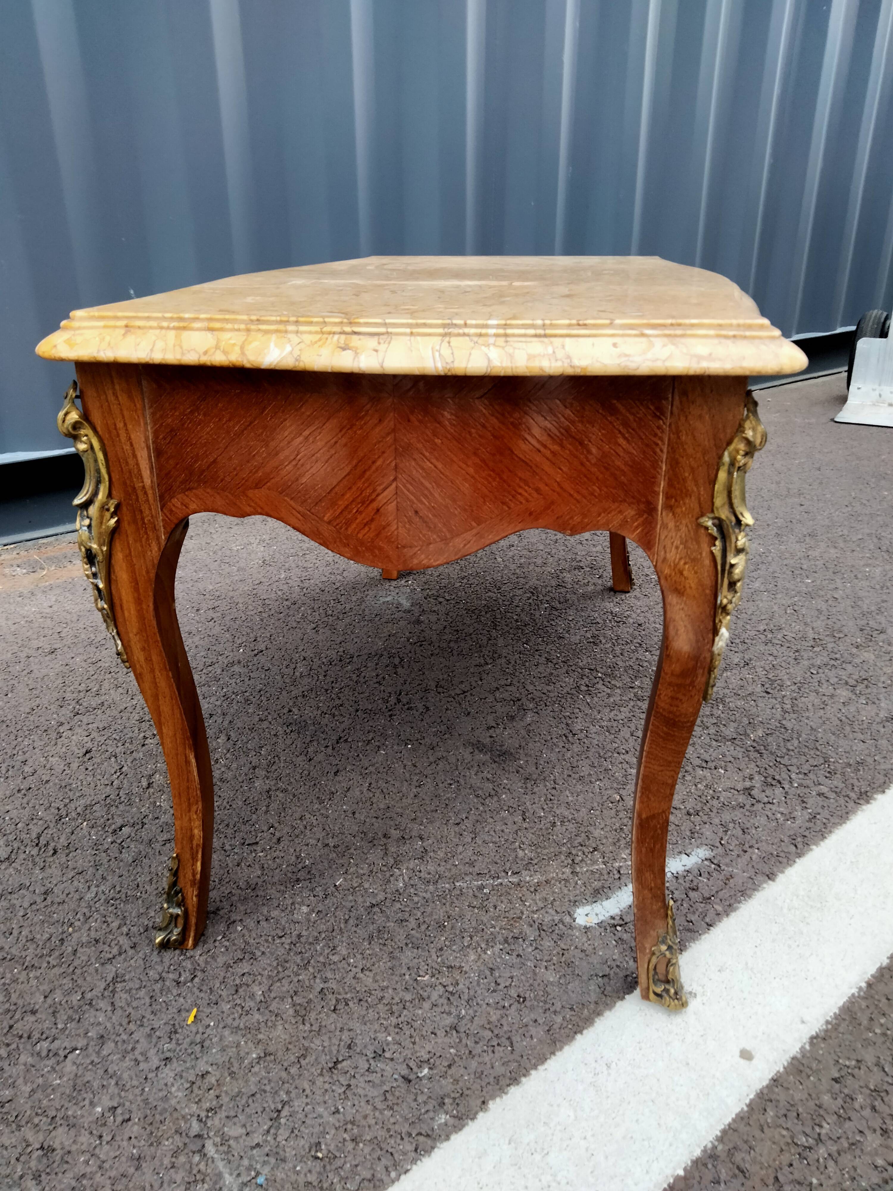 Old coffee table marquetry style louis xv marble top