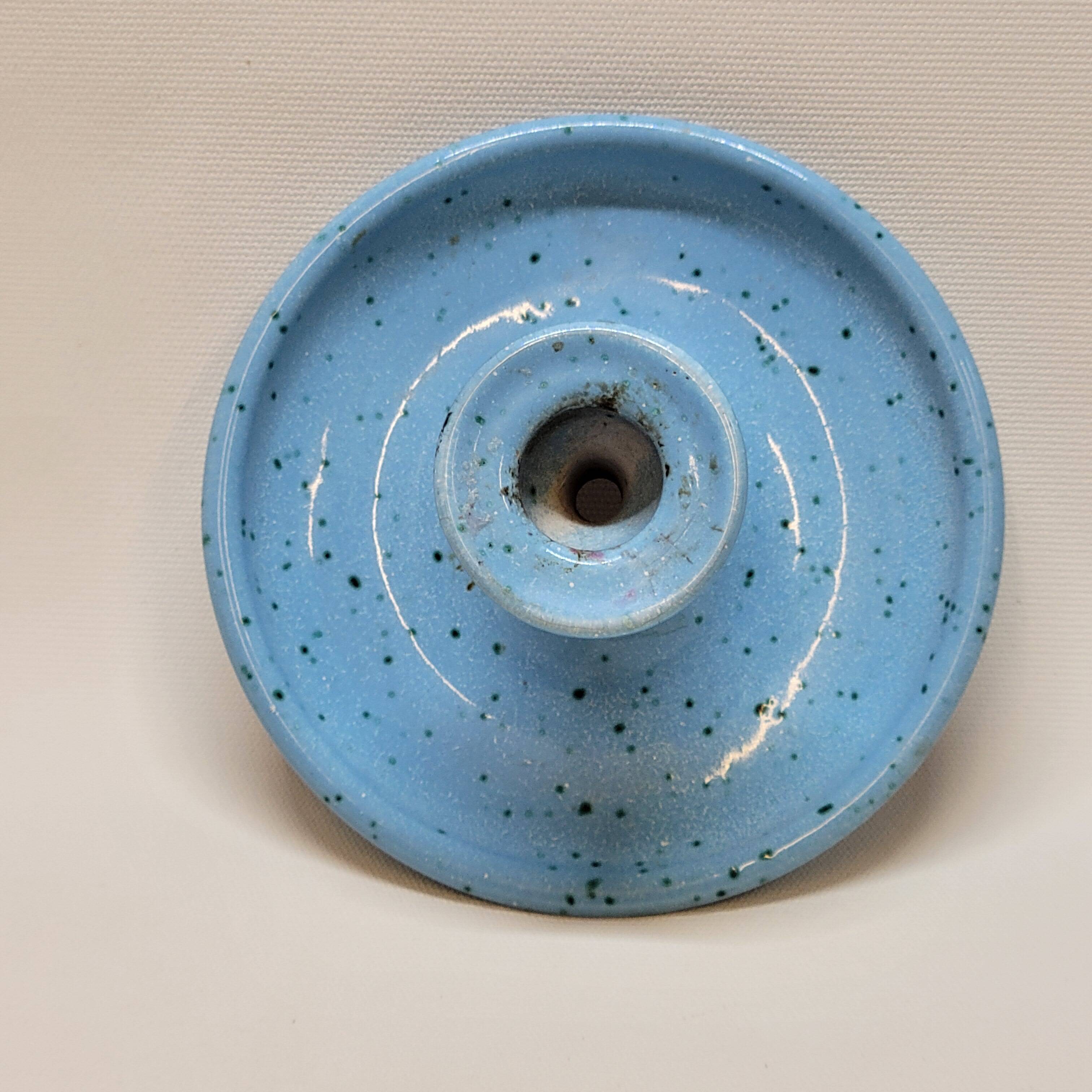 Light blue glazed ceramic candle holder with green speckled signed scorpion stamp