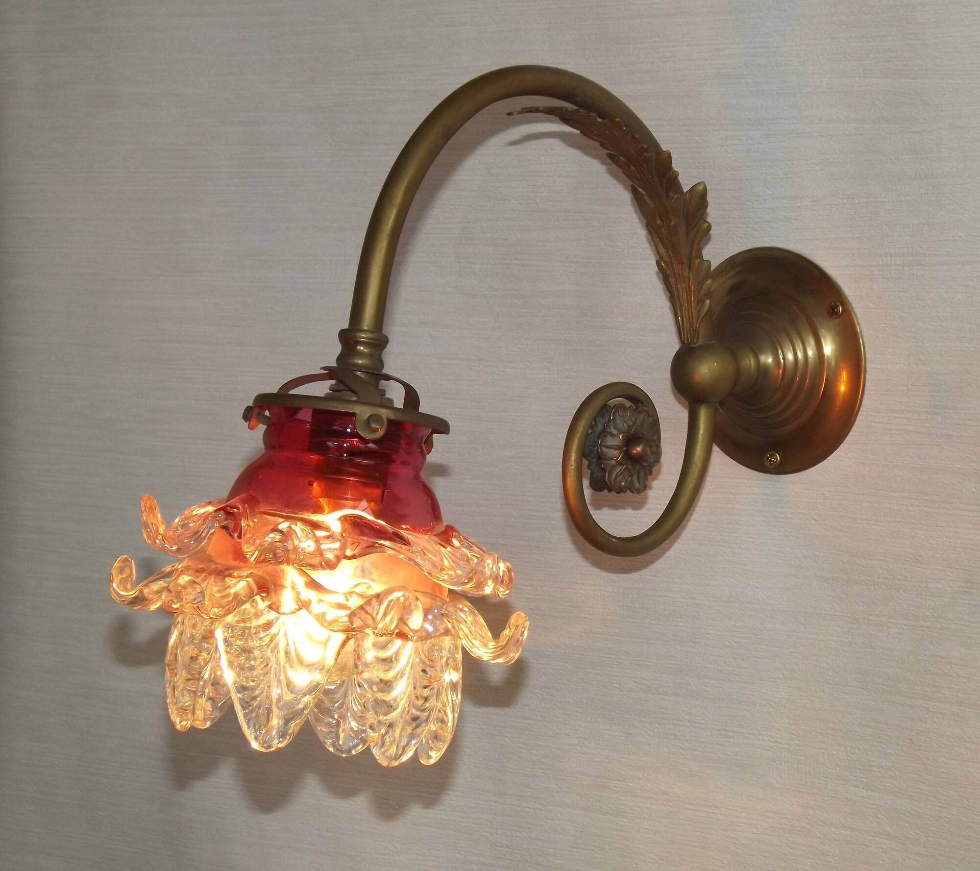 French Brass Single Wall Light with Pink & Clear Floral Glass Shade