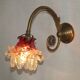 French Brass Single Wall Light with Pink & Clear Floral Glass Shade