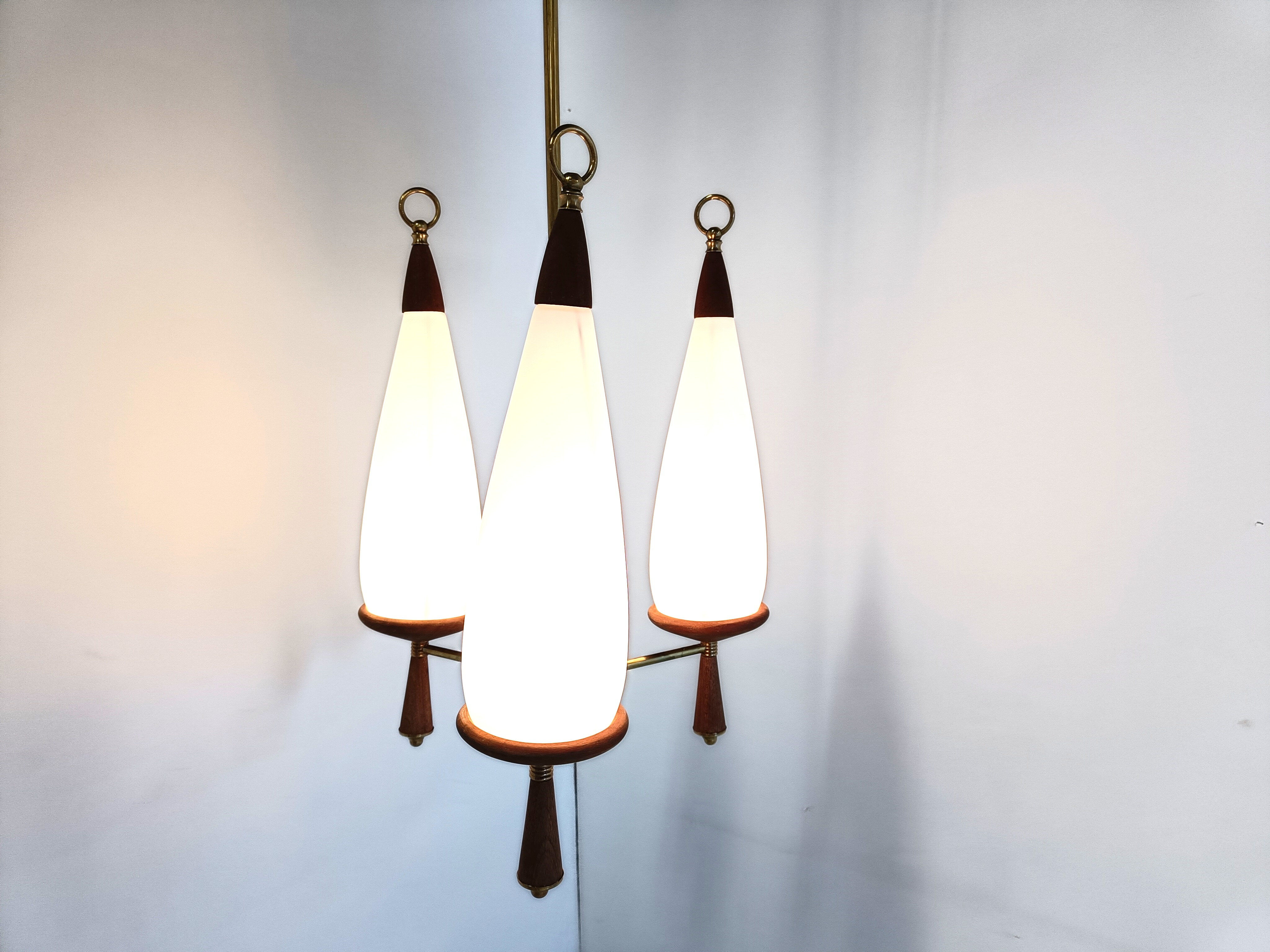 Vintage teak chandelier with white glass shades, 1960s