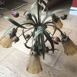 Antique Art Deco metal chandelier with a tinted glass shade.