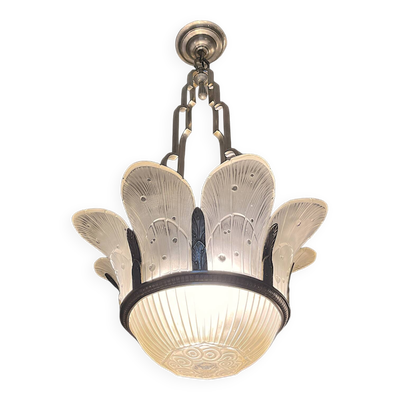 Lustre art déco verre pressé sablé, bronze nickelé 1930