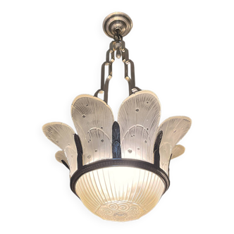 Art Deco chandelier, sandblasted pressed glass, nickel-plated bronze 1930