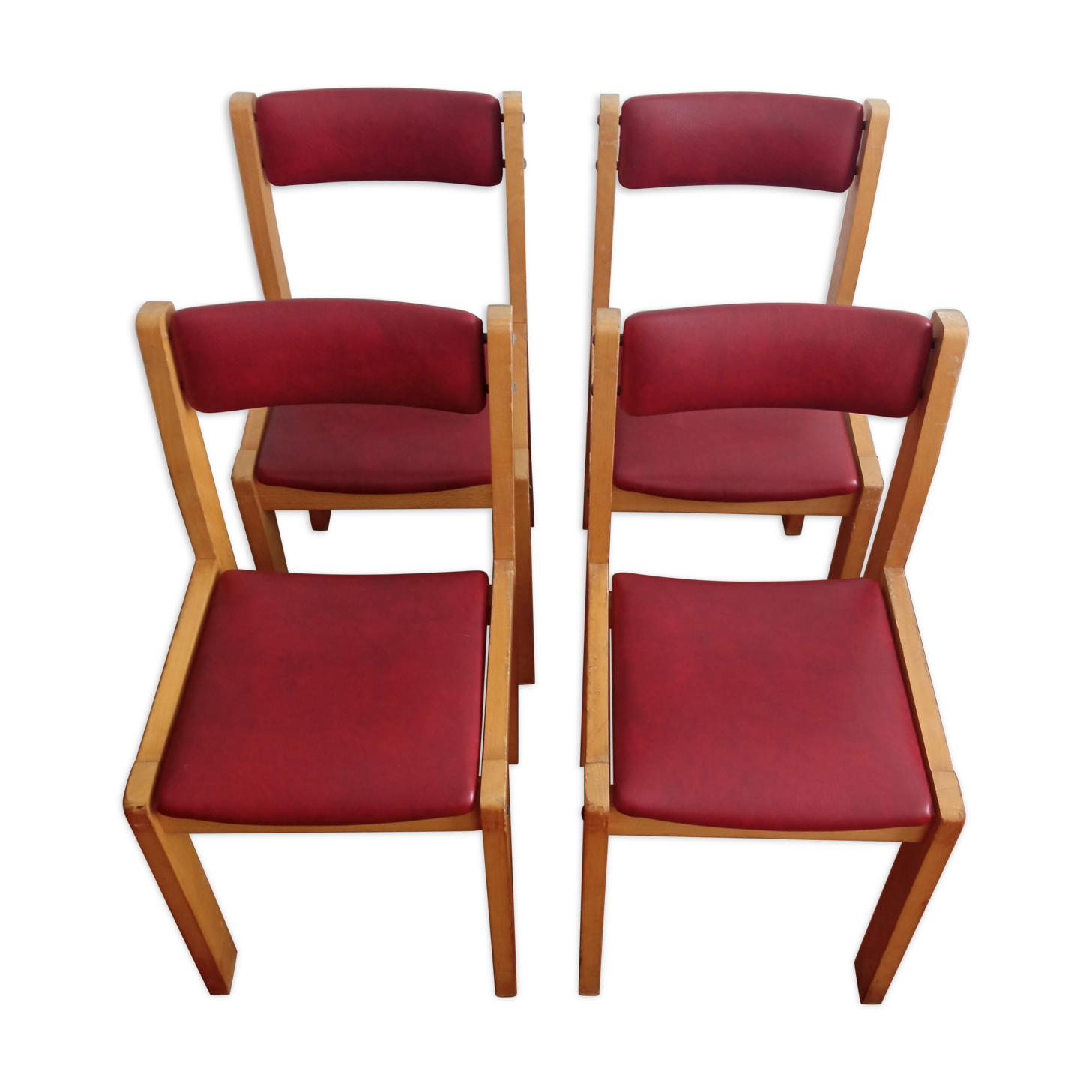Série de 4 chaises années 60 bois blond et skaï