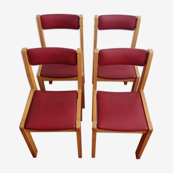 Série de 4 chaises années 60 bois blond et skaï