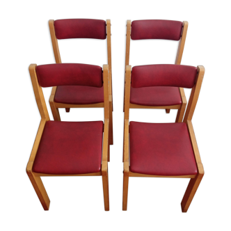Série de 4 chaises années 60 bois blond et skaï