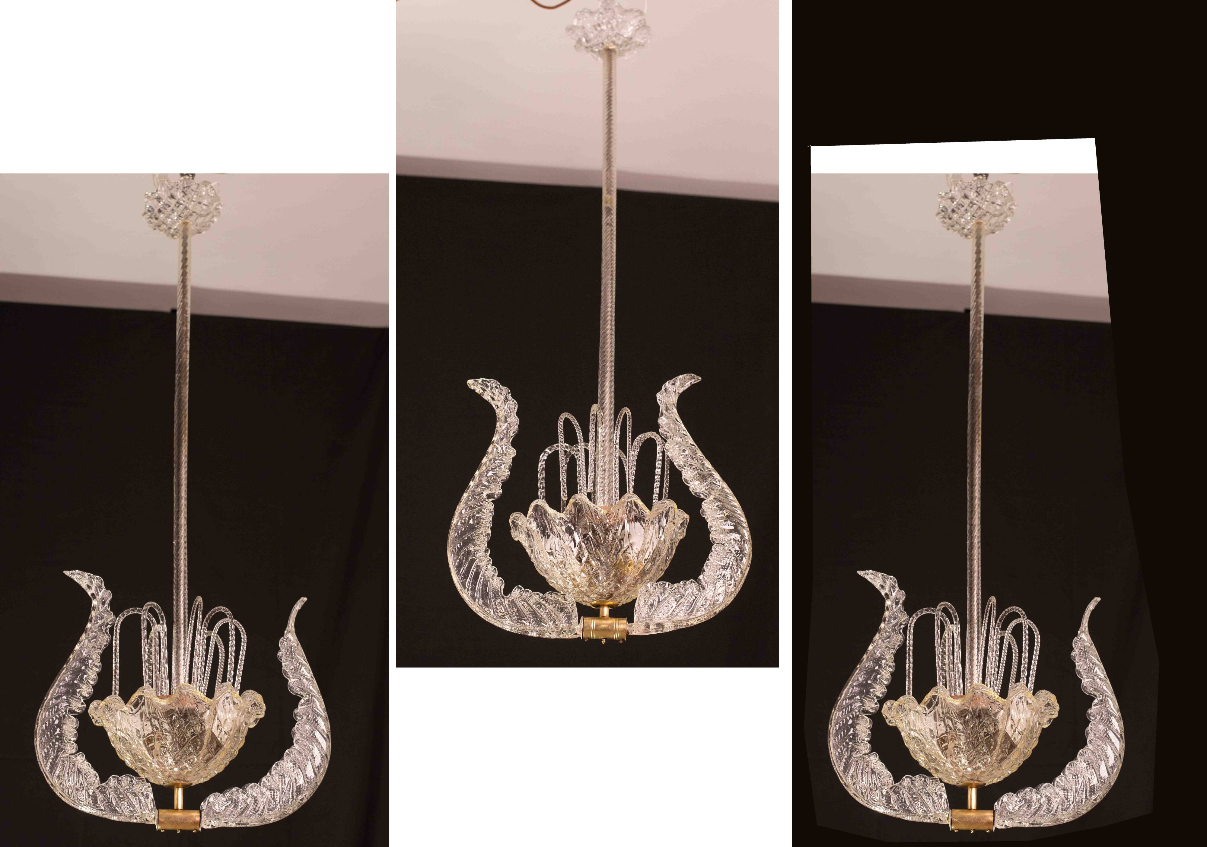 Set of 3 Art Decò Fountain Chandelier By Barovier e Toso, Murano Glass, 194