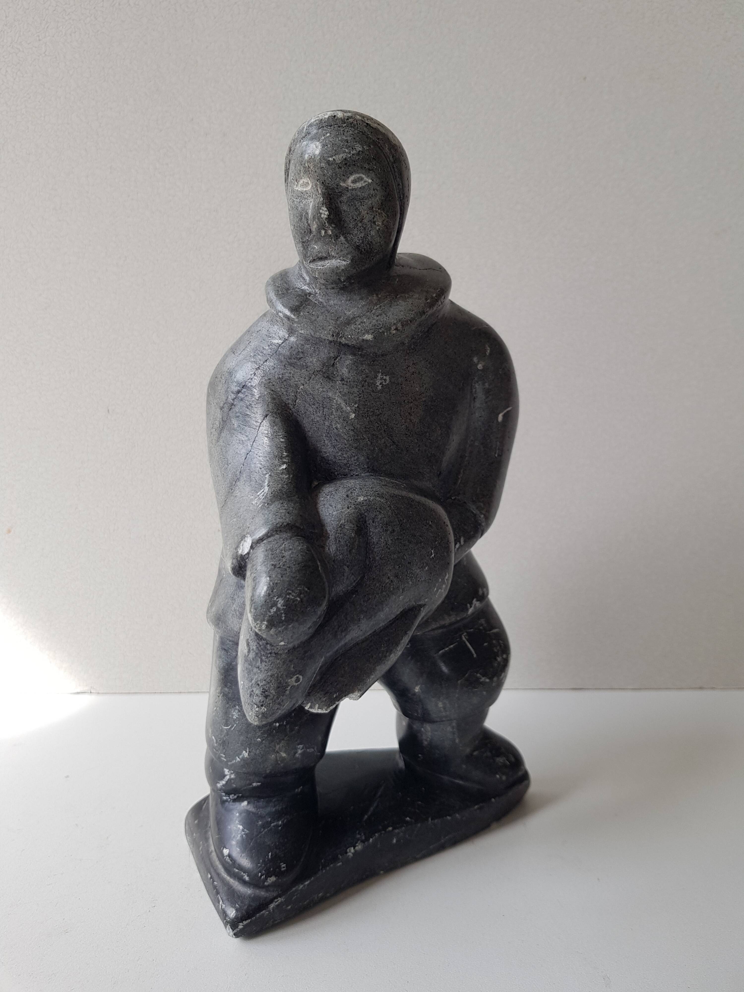 Inuit Art Soapstone Sculpture Eskimo Hunter/Fisherman Signed. 1960s