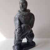 Inuit Art Soapstone Sculpture Eskimo Hunter/Fisherman Signed. 1960s