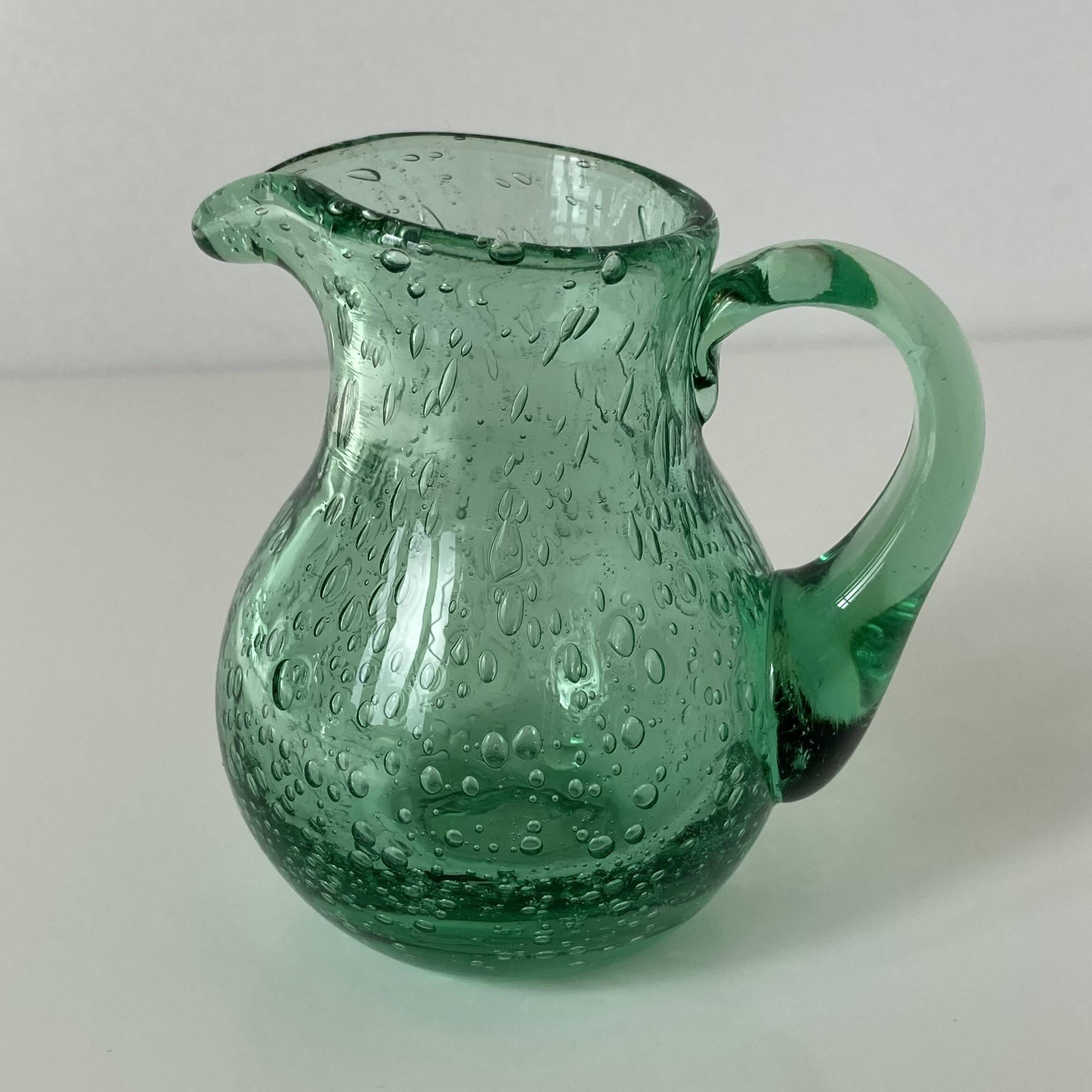 Miniature glass jug or pitcher with bubble effect, mint water, signed Biot.