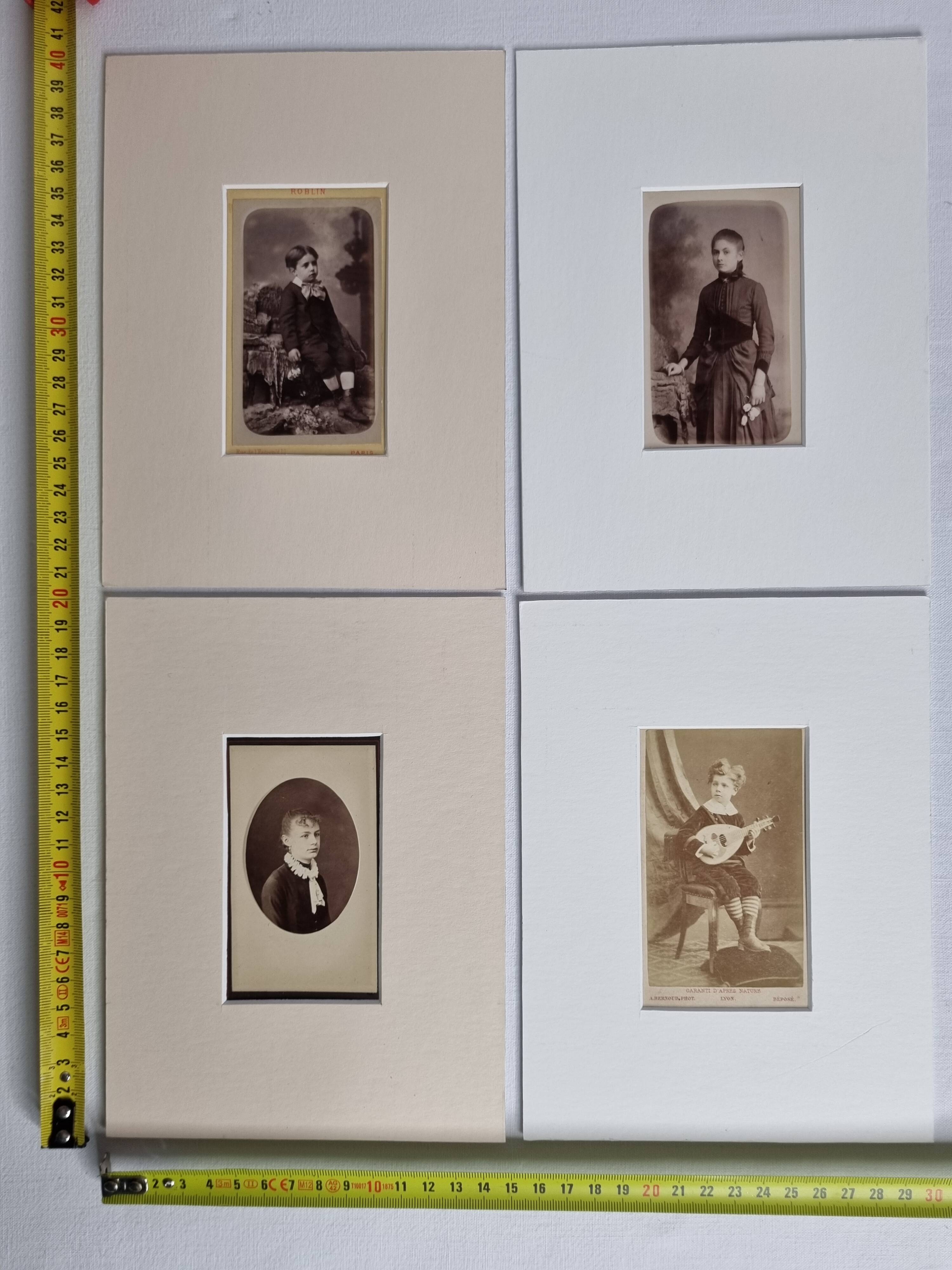 Set of 4 mounted old photographs, portraits of children and young women from the 19th century