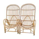 Set of 2 vintage armchairs shape basket in rattan I