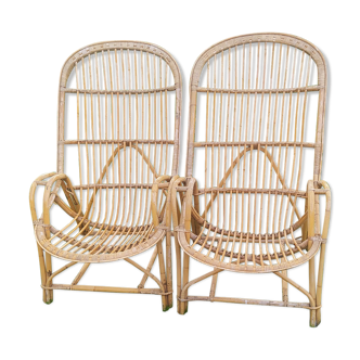 Set of 2 vintage armchairs shape basket in rattan I