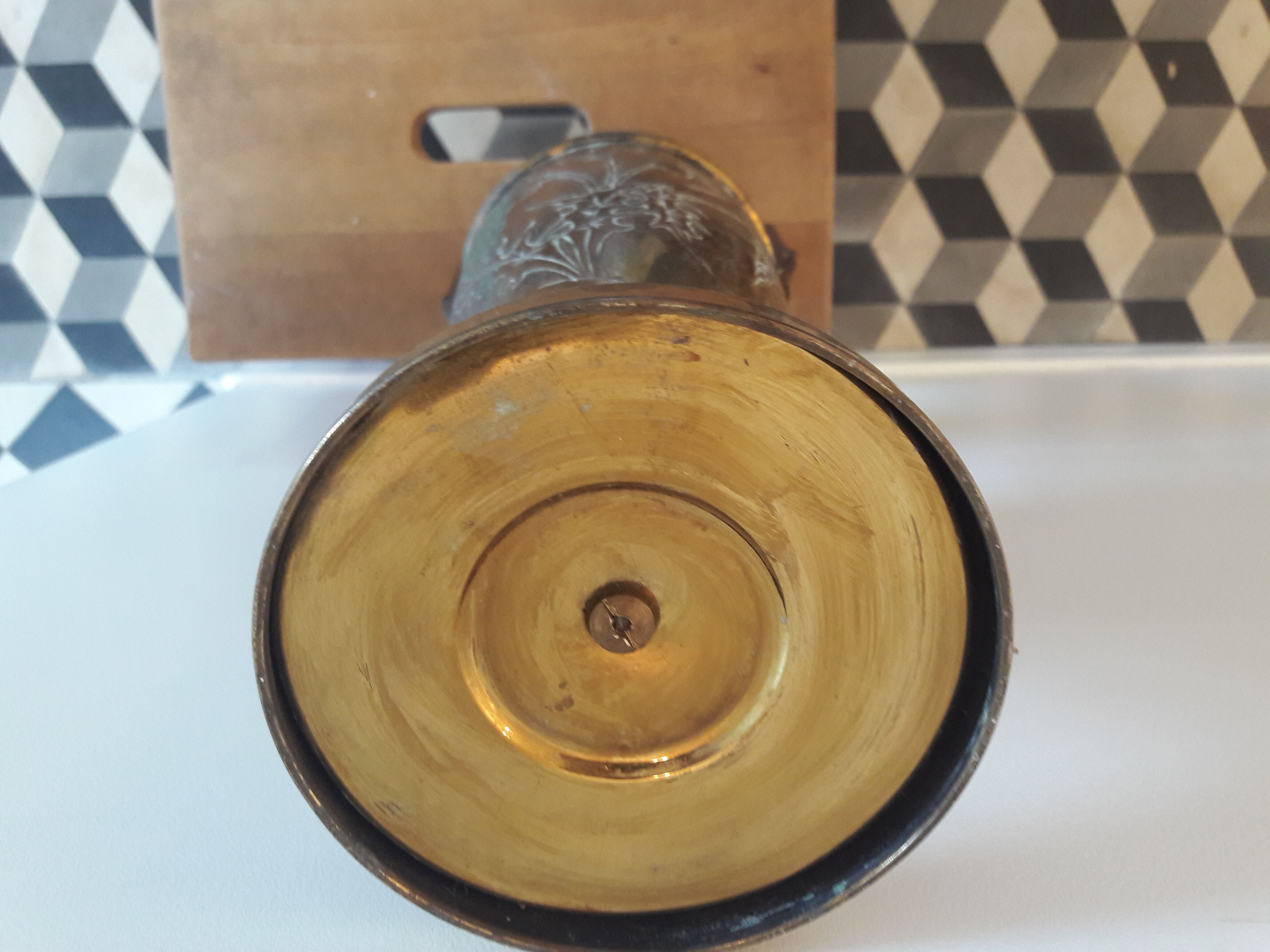 Brass amphora vase - copper art deco style on pedestal with floral pattern handles