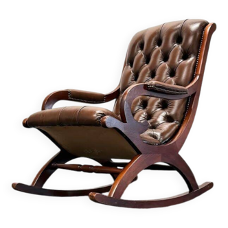 Fauteuil à bascule Chesterfield en cuir marron