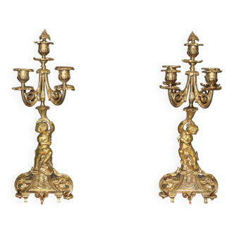 Paire De Bougeoirs Aux Chérubins En Bronze Doré Fin XIX