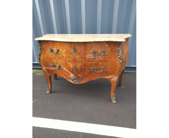 Commode ancienne style Louis XV marqueterie plateau marbre | Selency