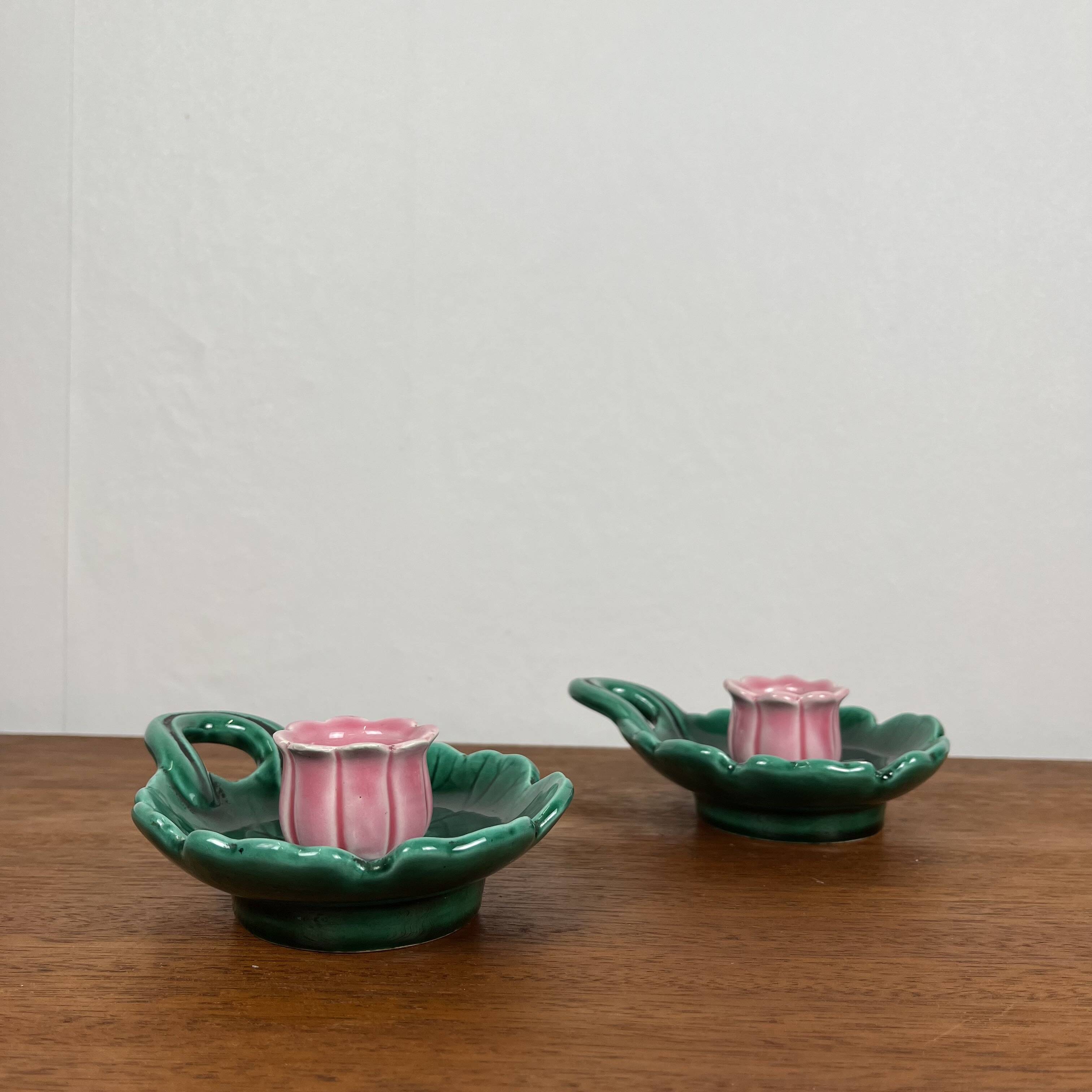 Duo of Barbotine candlesticks in Art Nouveau style or inspired by naturalism