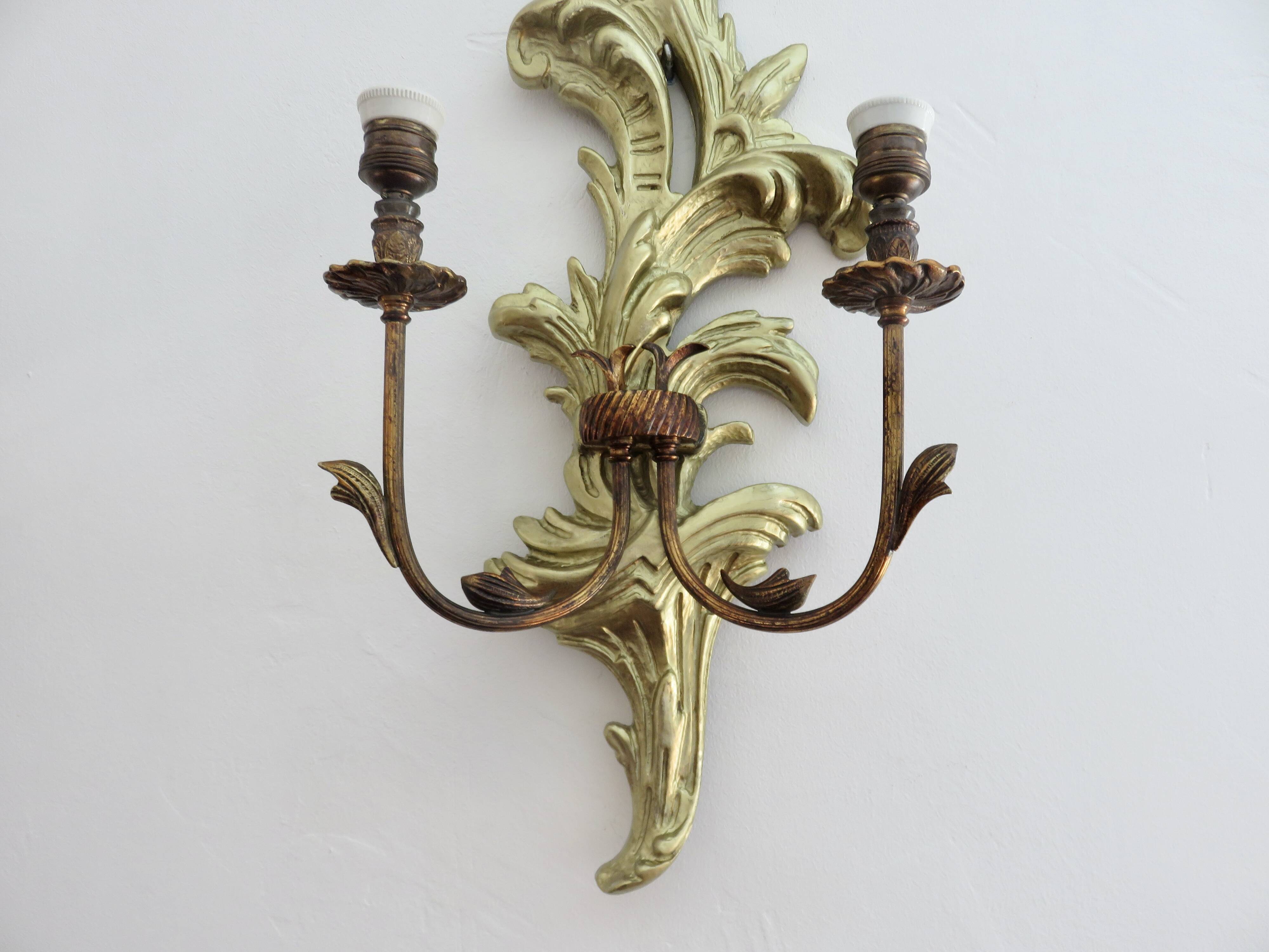 Pair of 86cm castle sconces in gilded wood from the 1940s