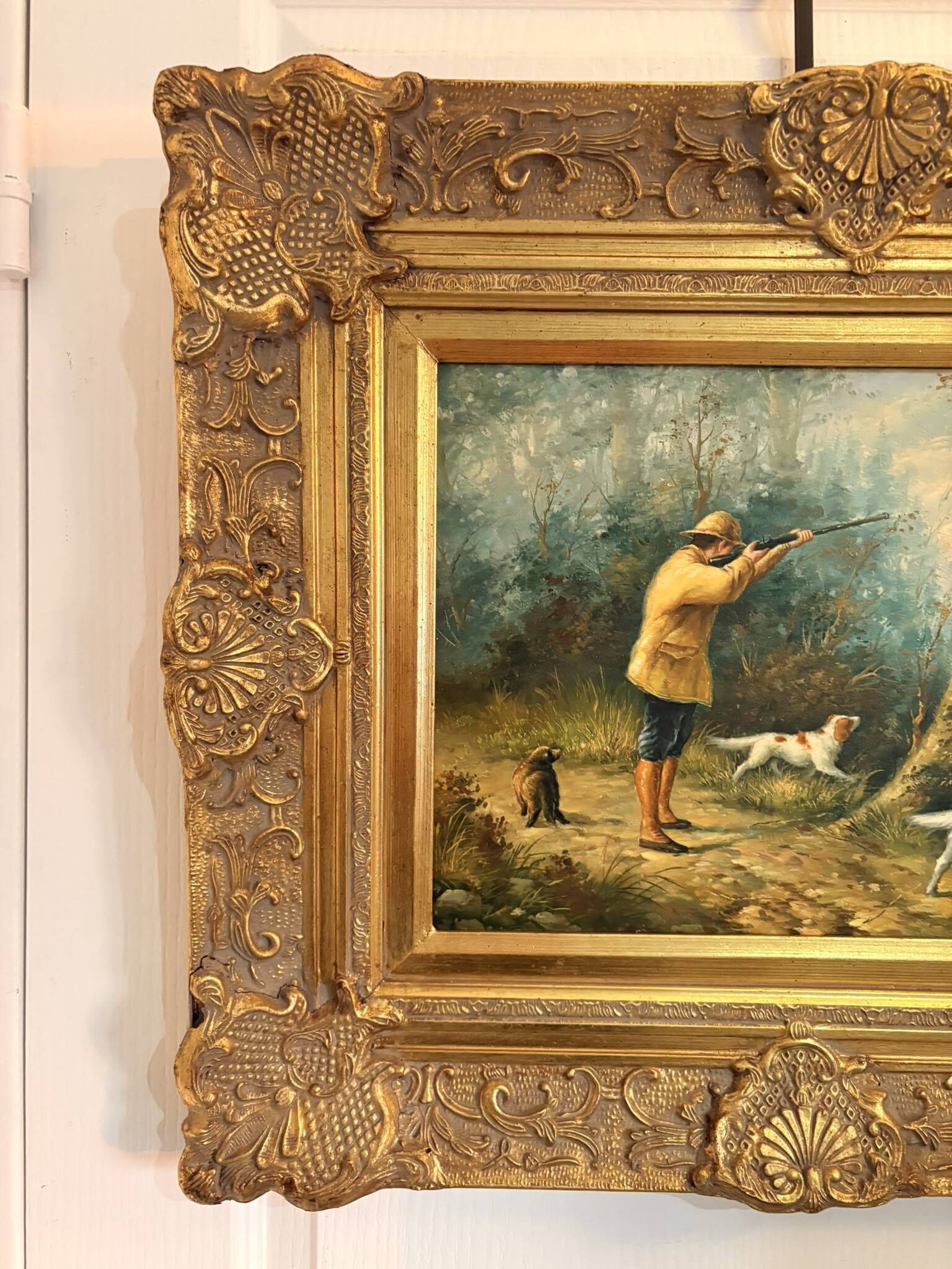 Tableau Peinture Huile Panneau HSP EDWARD WEBB Chasse Cour Chien Forêt