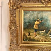 Tableau Peinture Huile Panneau HSP EDWARD WEBB Chasse Cour Chien Forêt