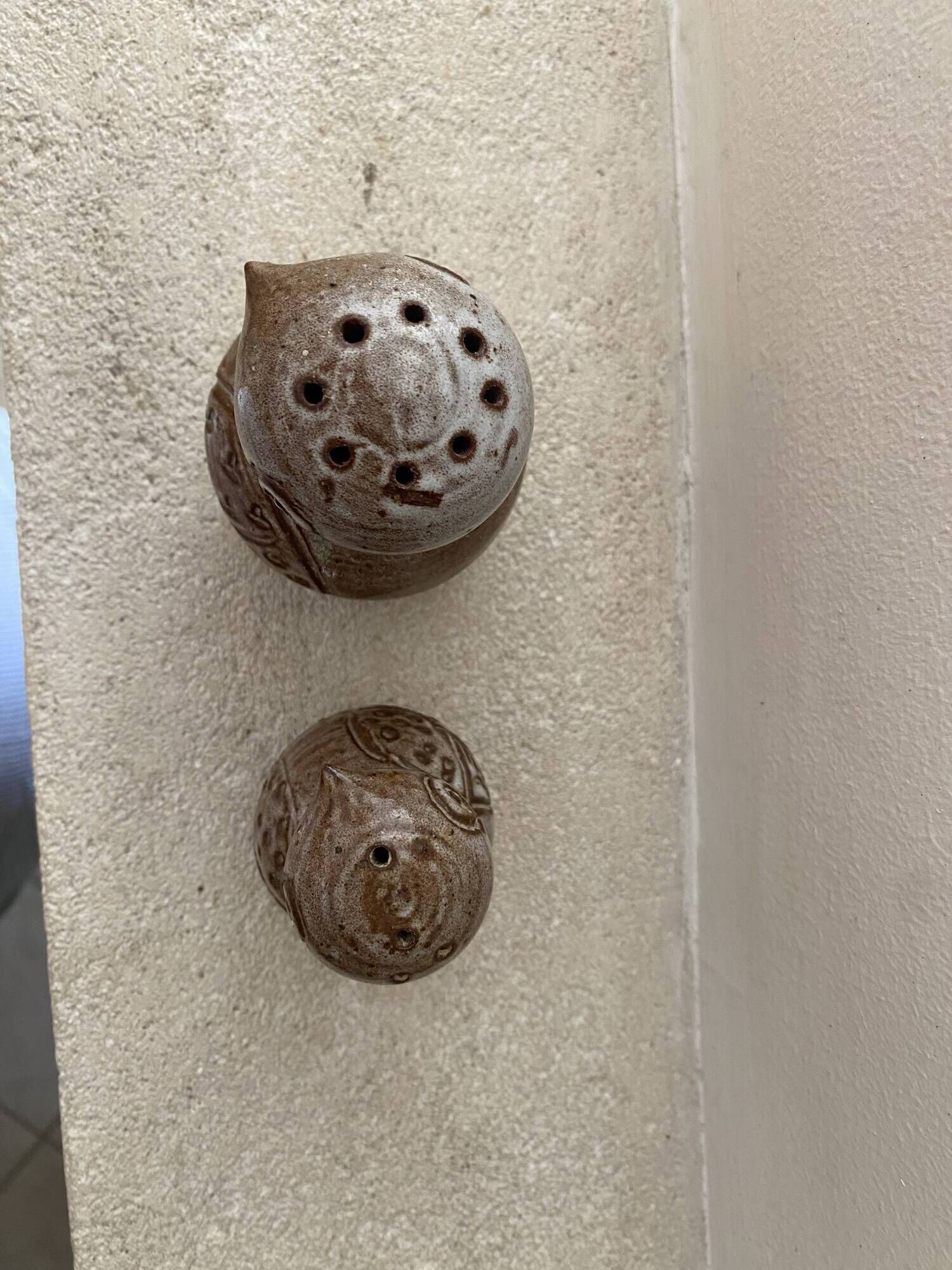 Stoneware owl salt and pepper shakers by Jeanne and Norbert Pierlot