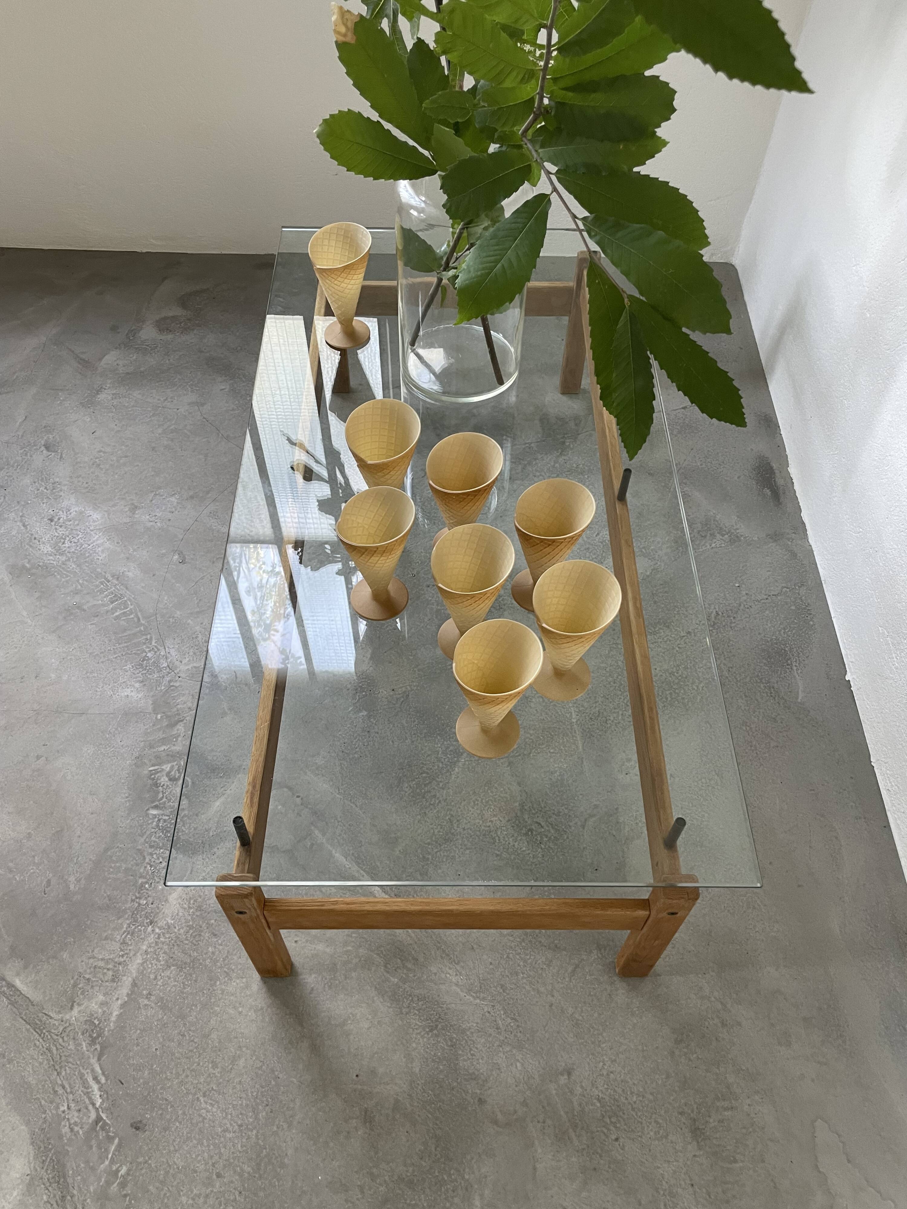 Table scandinave teck blond et verre 60