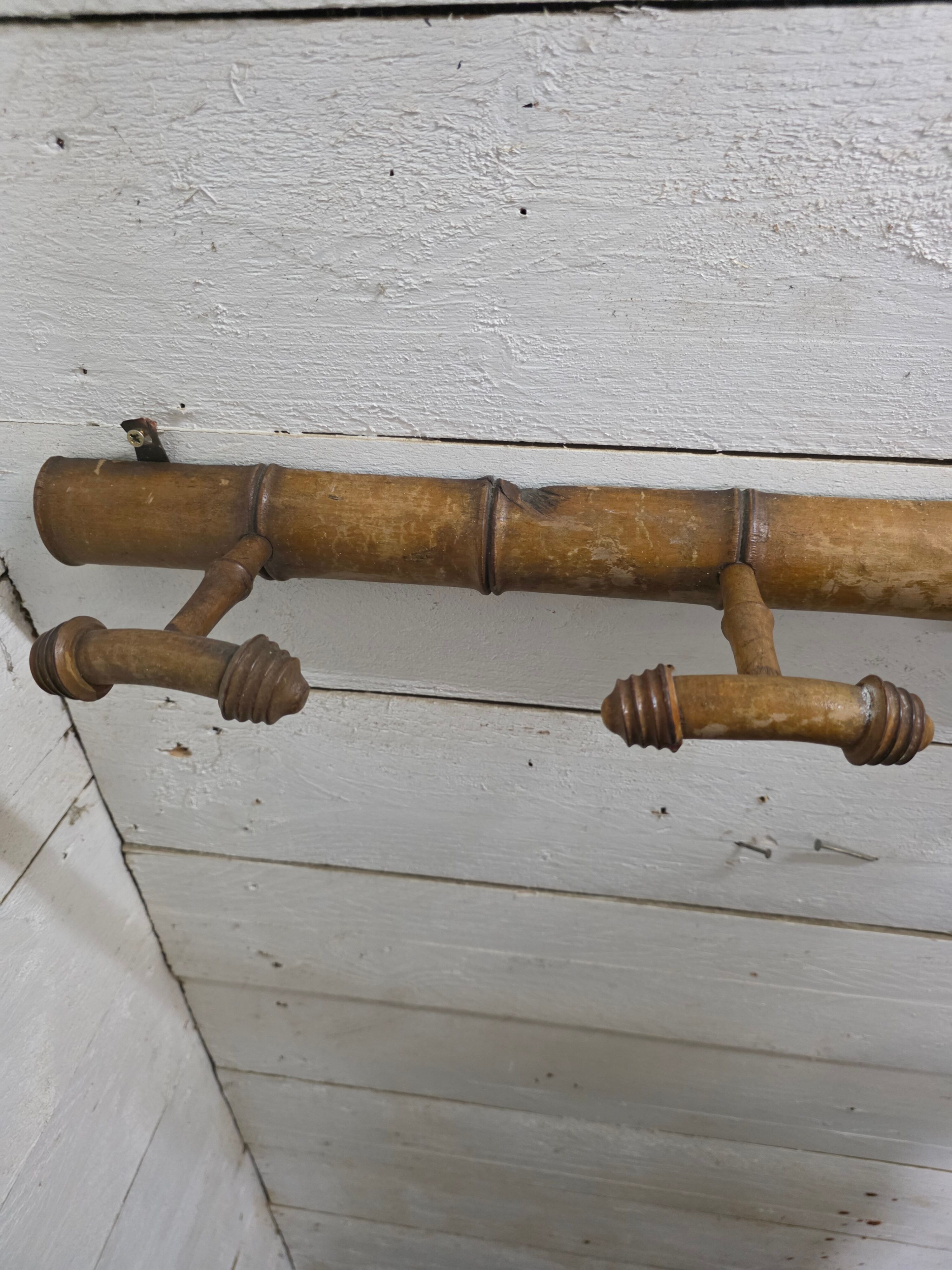 Bamboo wooden coat rack with 4 hooks, 1950s.