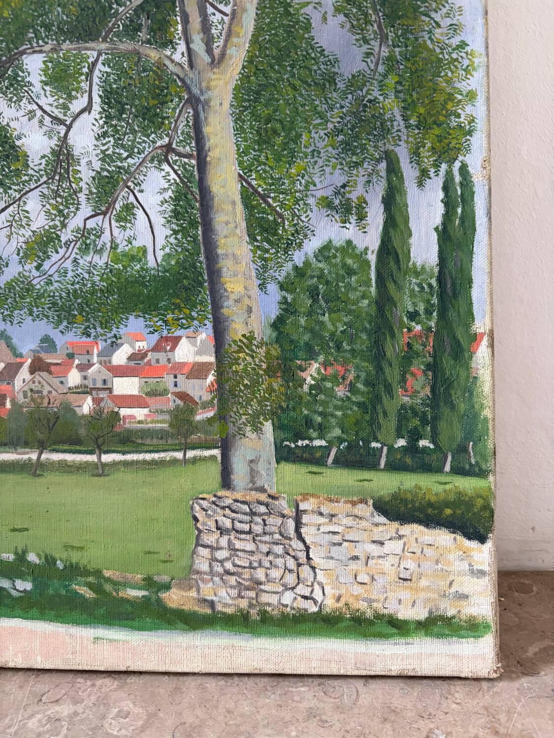 Landscape, arrival at the village, oil on canvas
