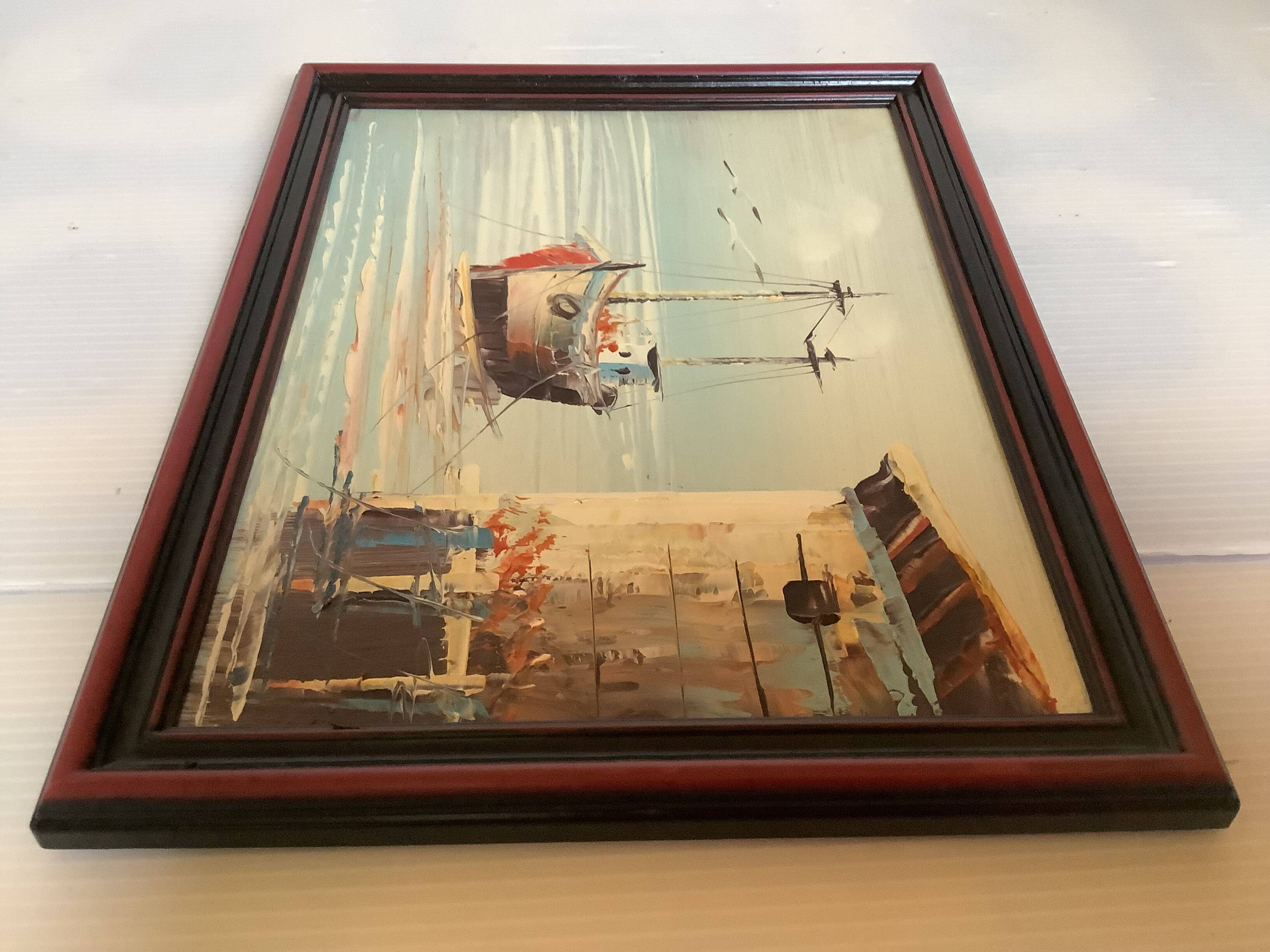 Small marine painting of a boat in oil on panel.